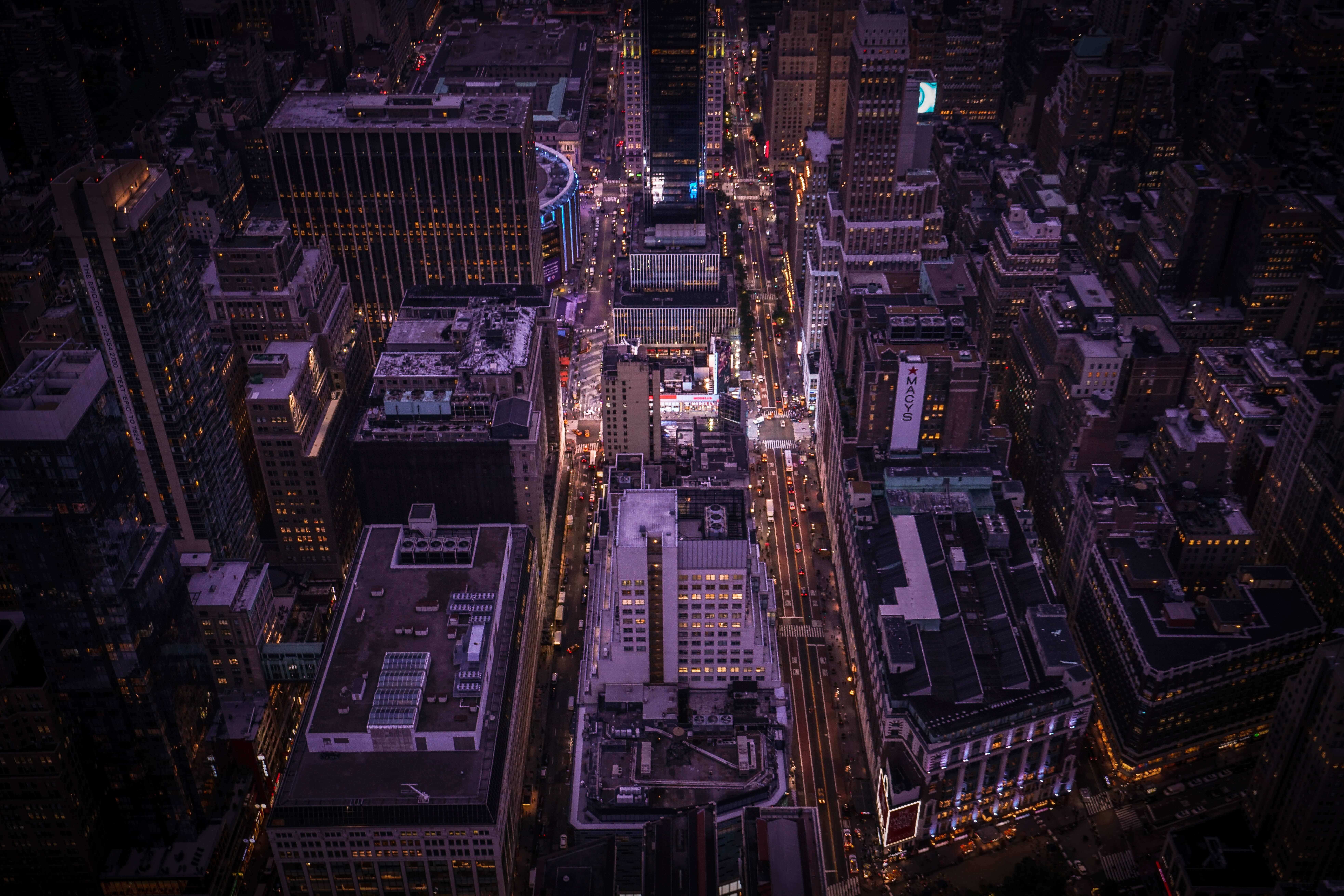 Aerial view of New York City skyscrapers at night HD Wallpaper