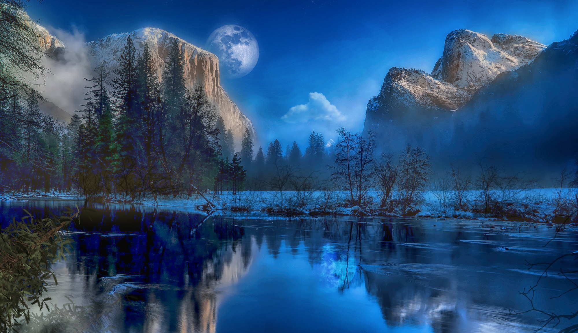 Yosemite National Park mountains and lake at night HD Wallpaper