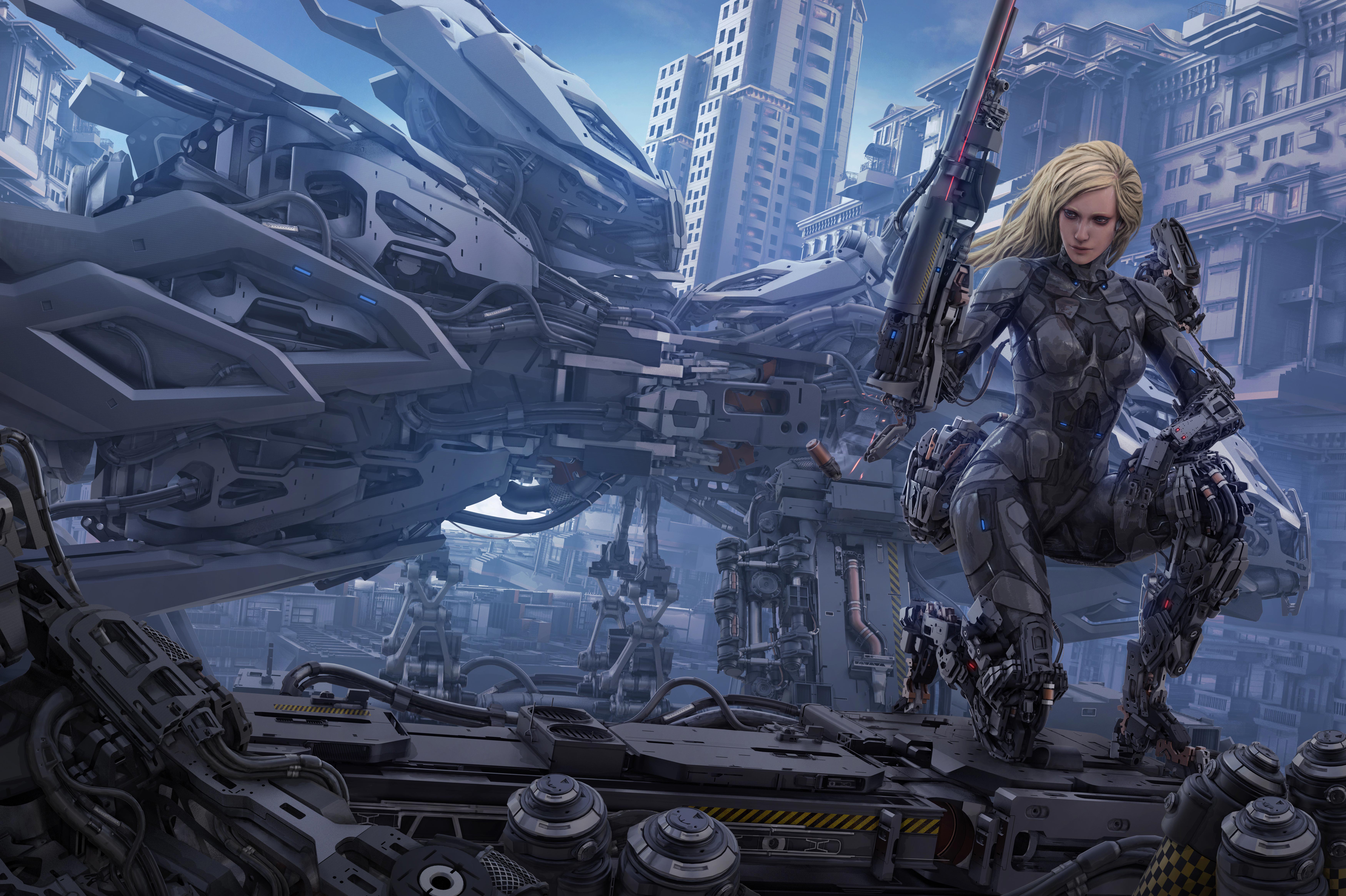 Woman with rifle in futuristic city HD Wallpaper