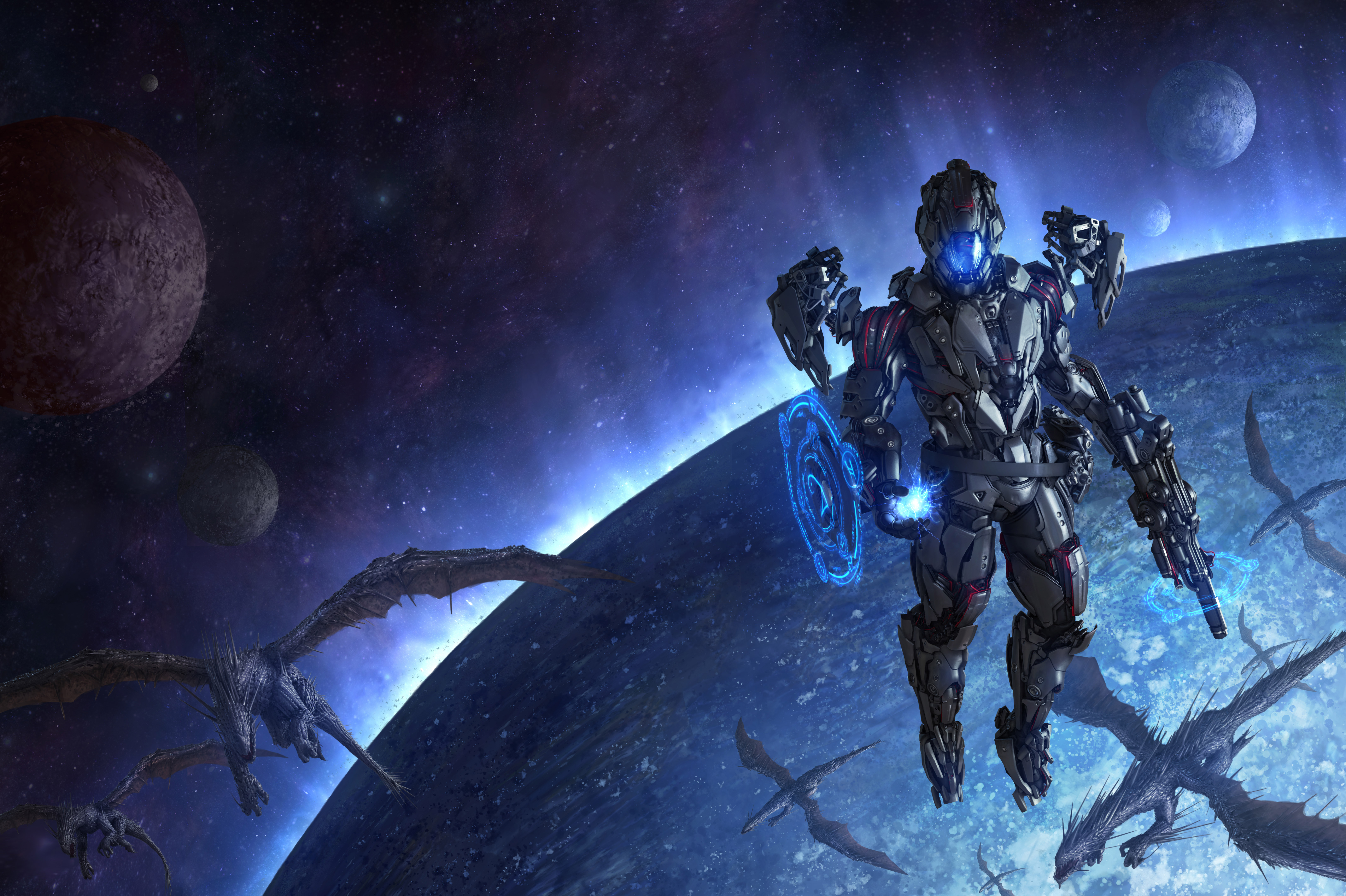 Scifi cyborg fighting dragons in space HD Wallpaper