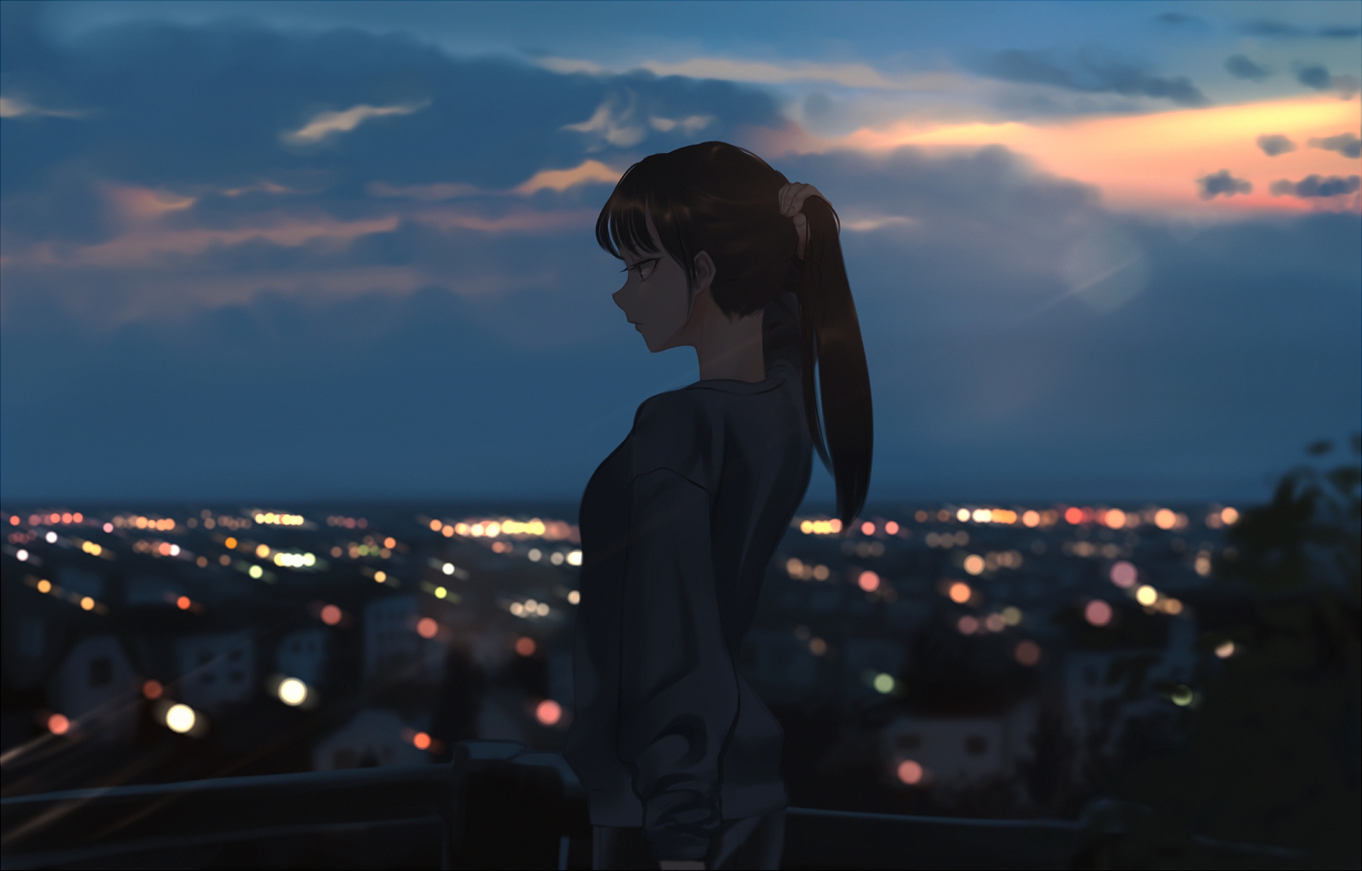 Anime girl looking over a city at dusk HD Wallpaper