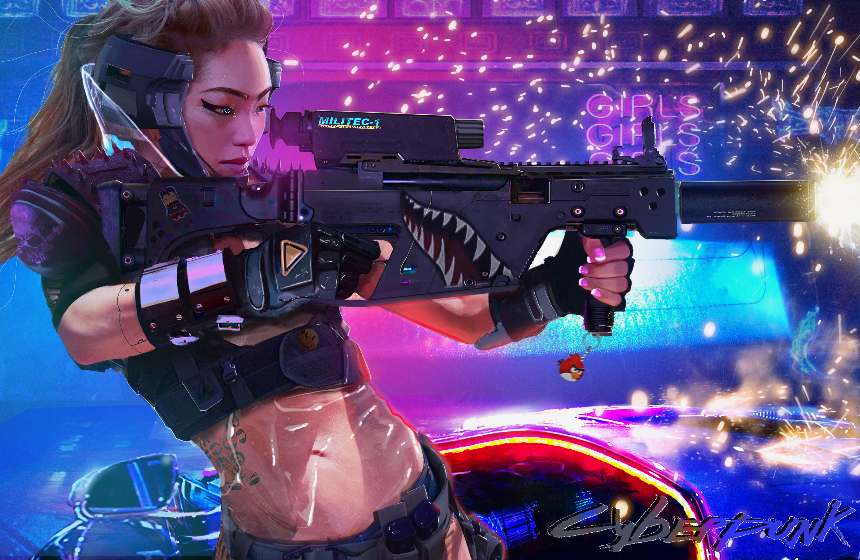 Cyberpunk woman with a gun HD Wallpaper