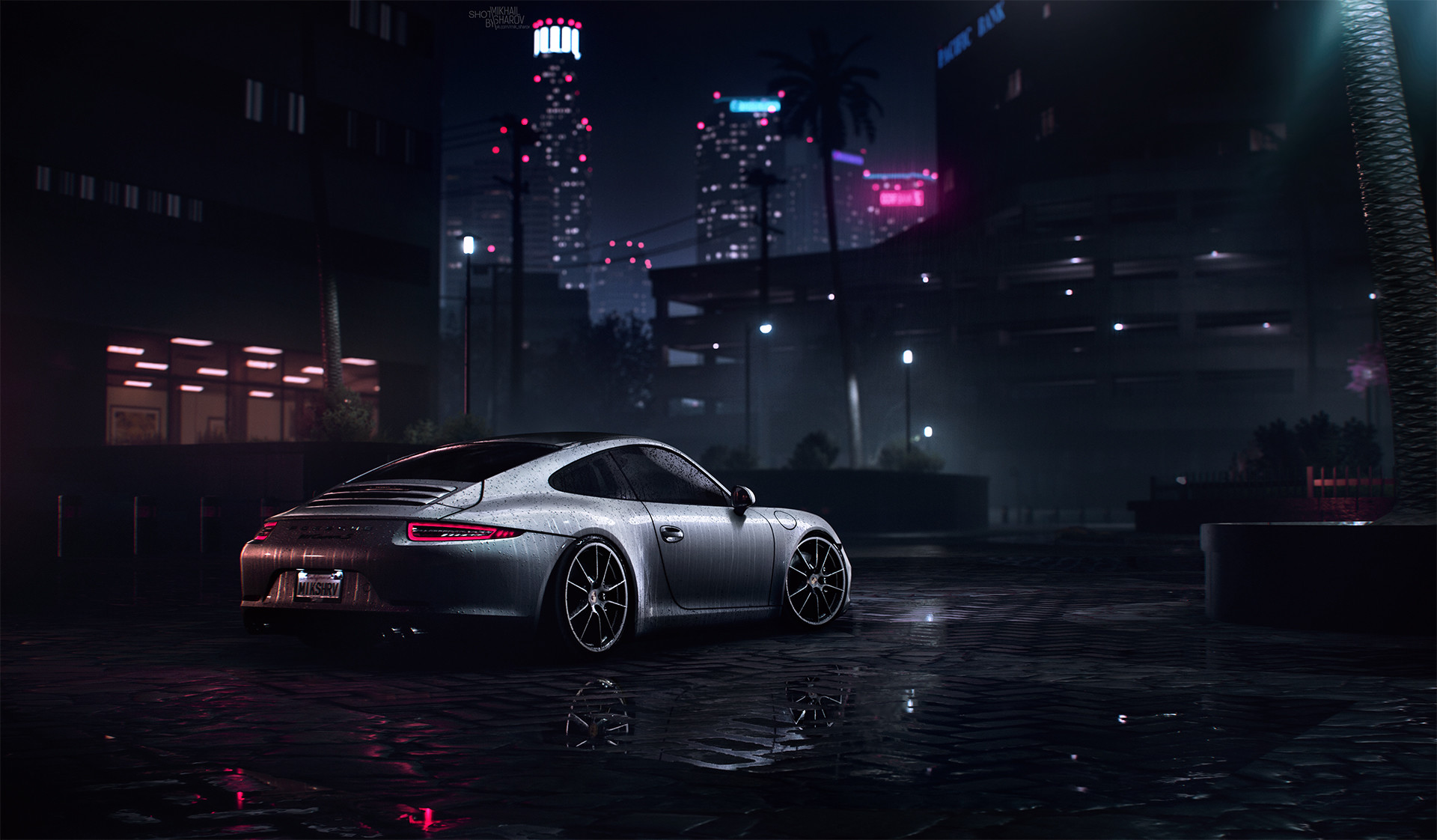 Porsche 911 on a wet city street at night HD Wallpaper