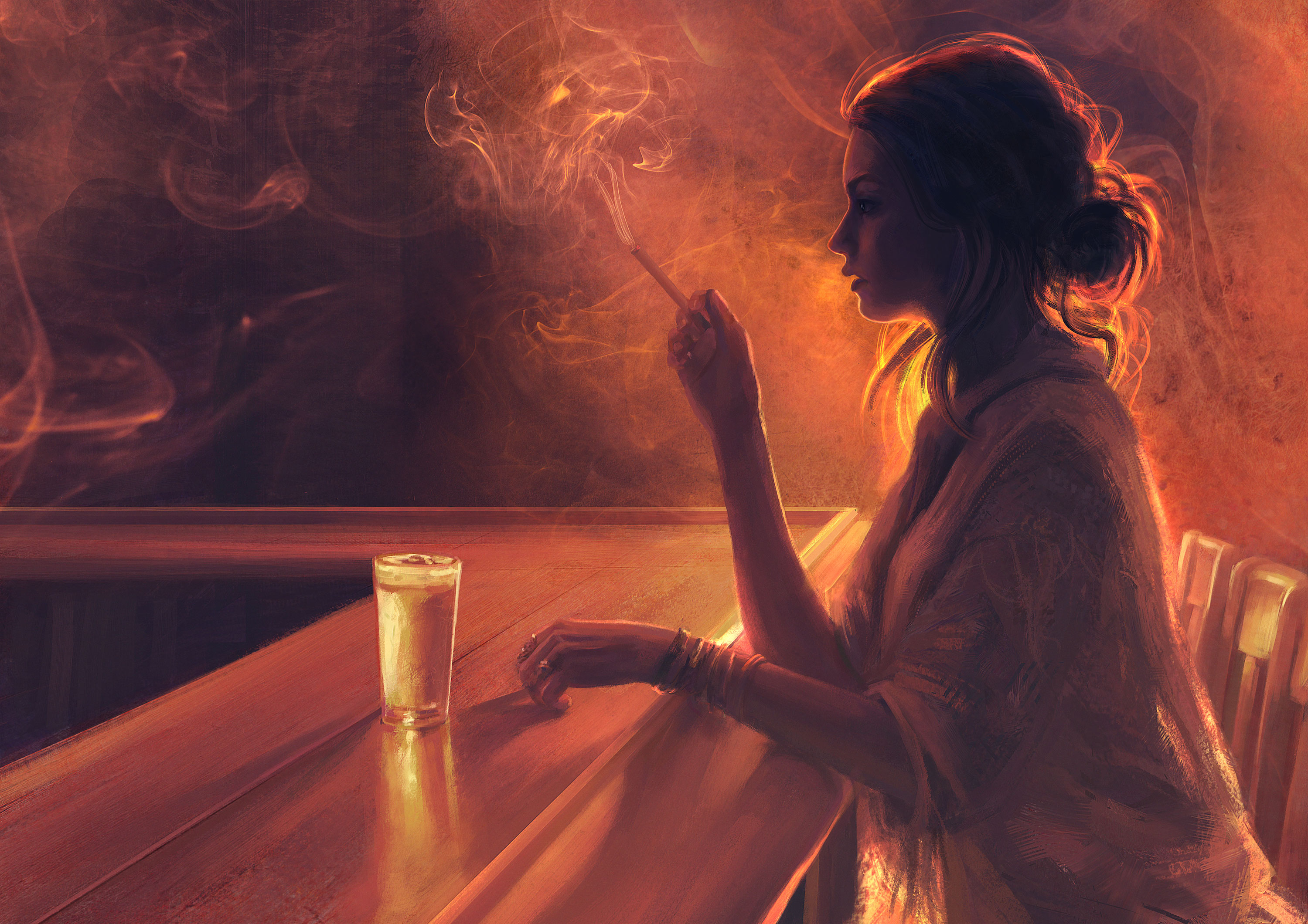 Woman smoking at a bar with a drink HD Wallpaper