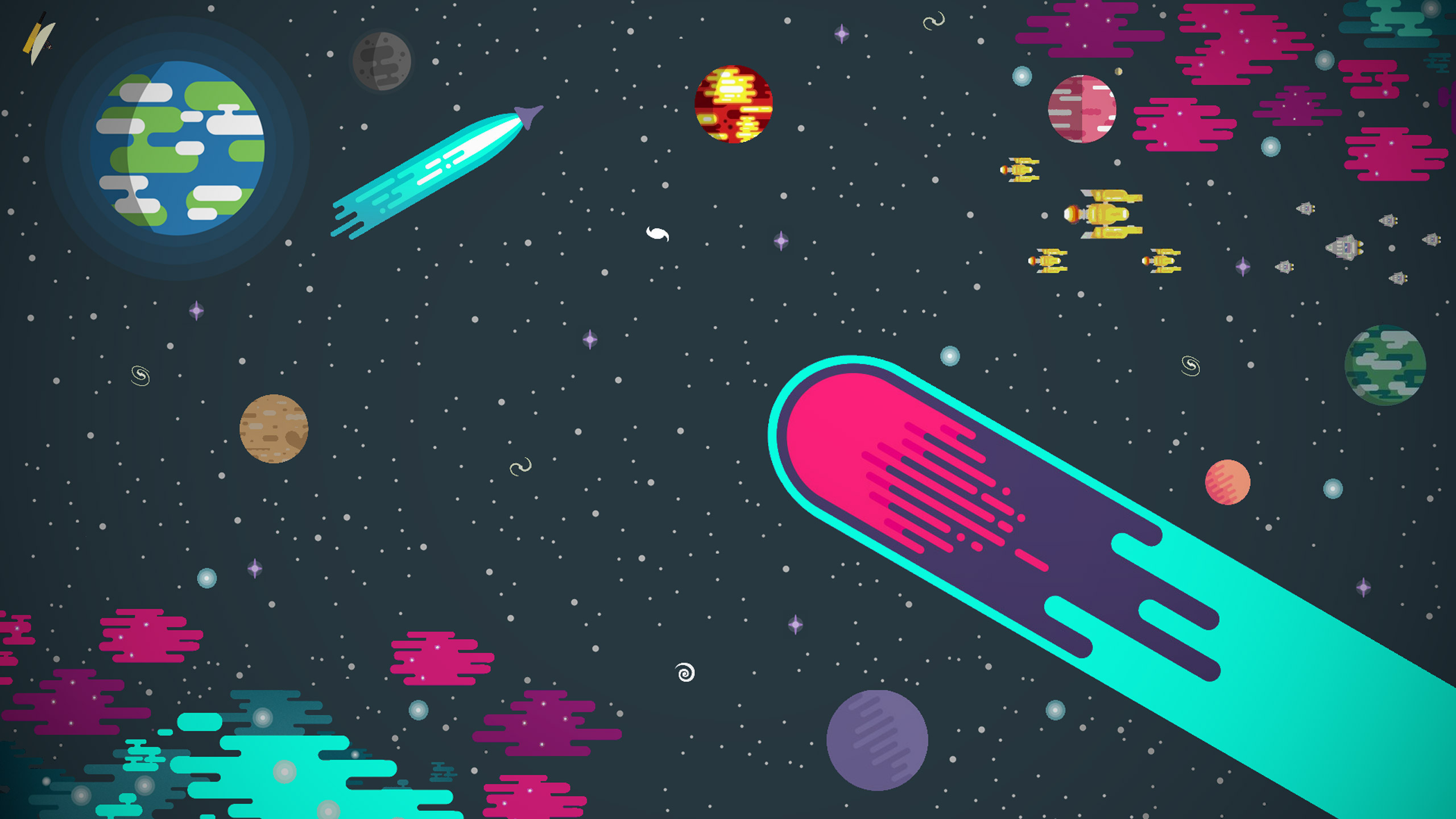 Abstract space scene with planets and spacecraft HD Wallpaper