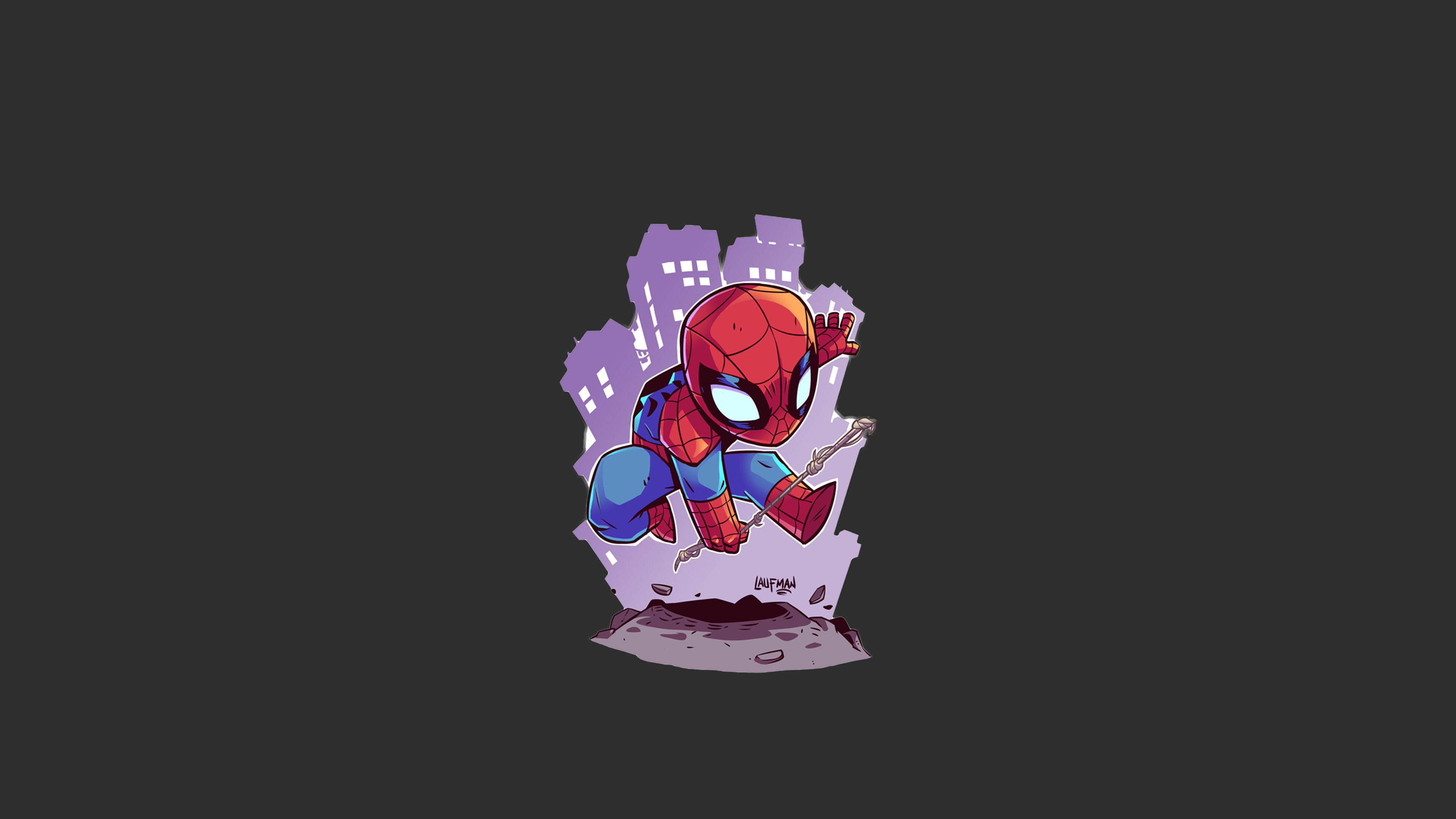Chibi Spiderman swinging in a city HD Wallpaper