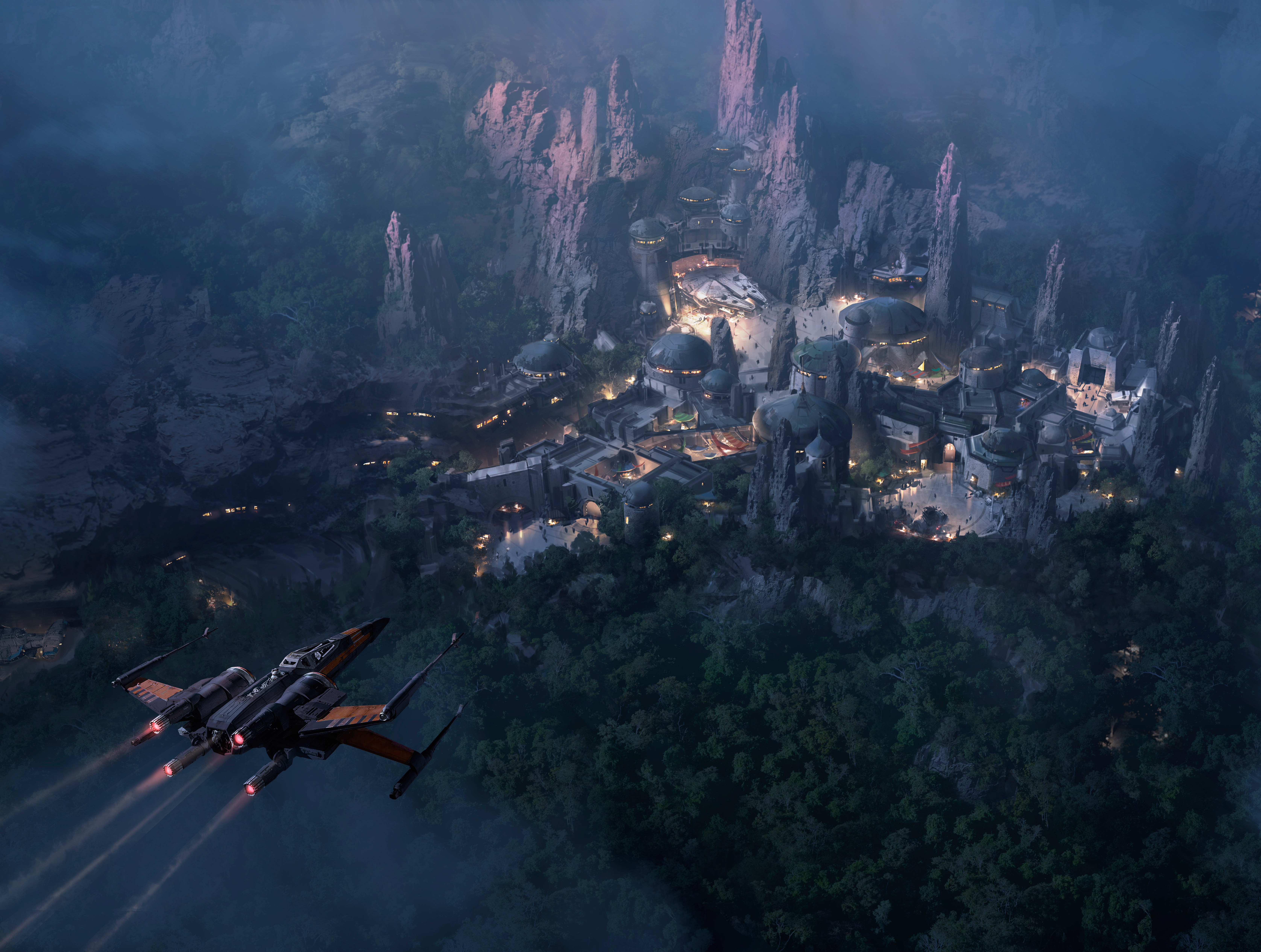 Star Wars concept art of a settlement and spaceship HD Wallpaper