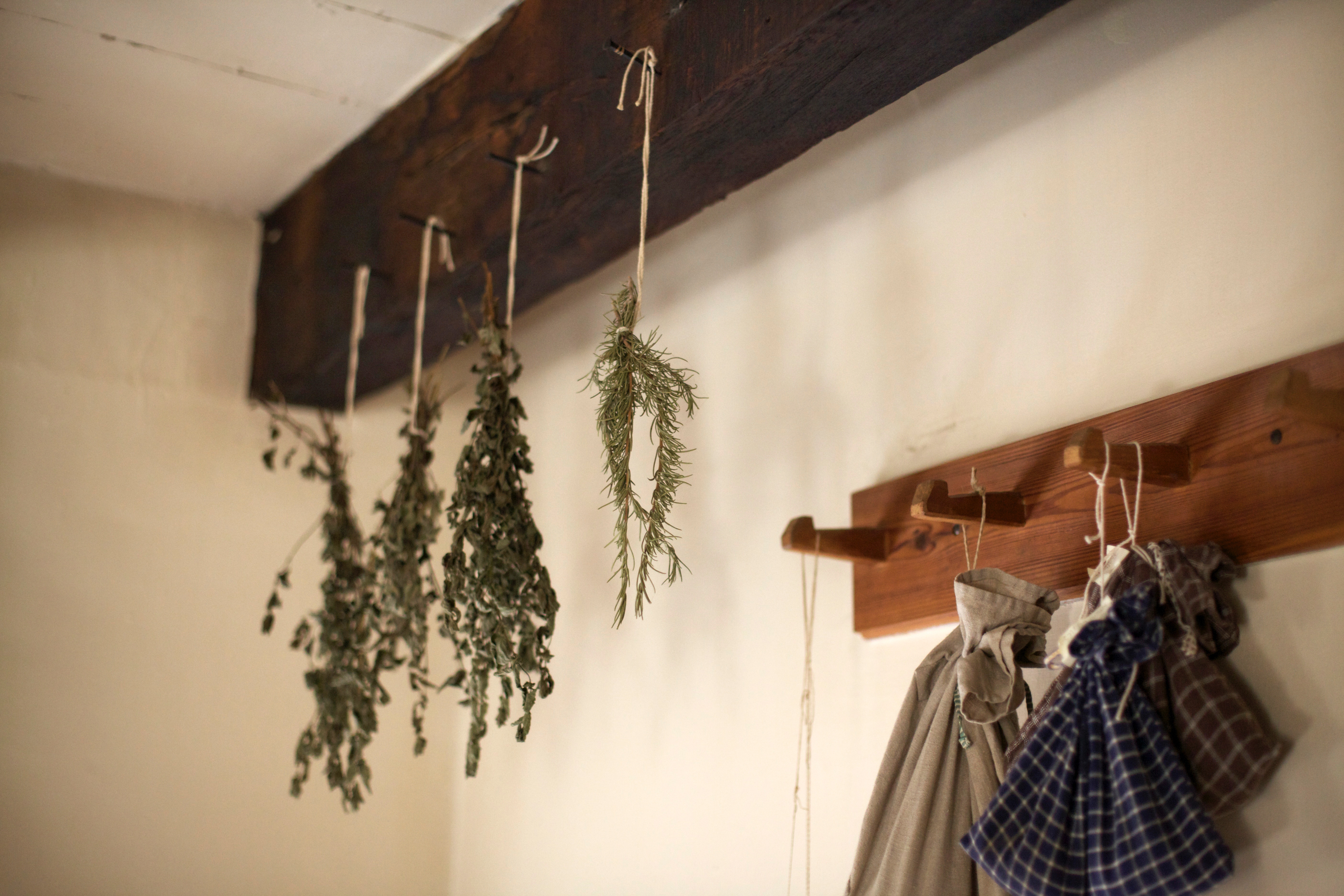 Herbs drying on hooks above a wooden coat rack HD Wallpaper