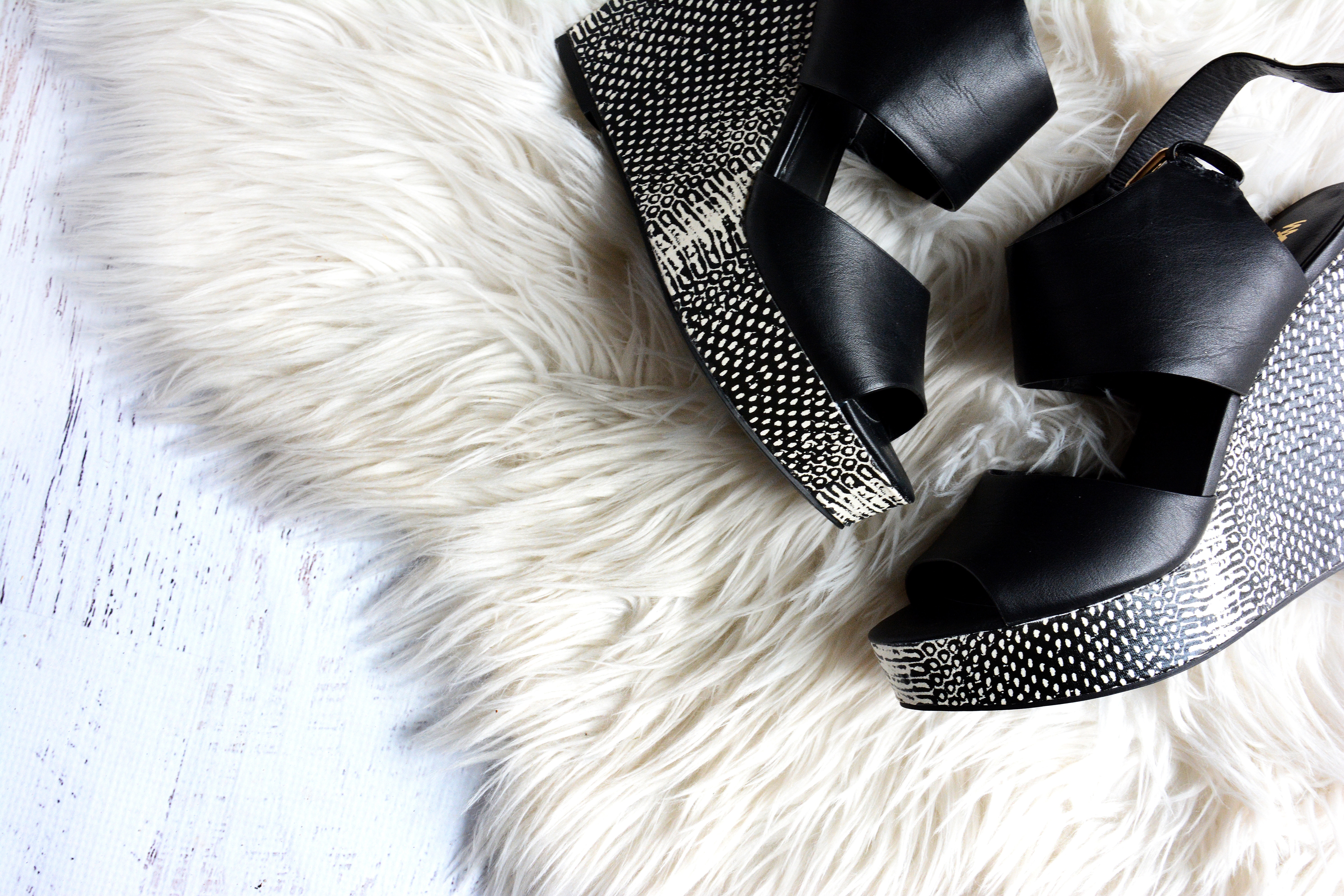 Black wedge sandals on a white shag rug HD Wallpaper