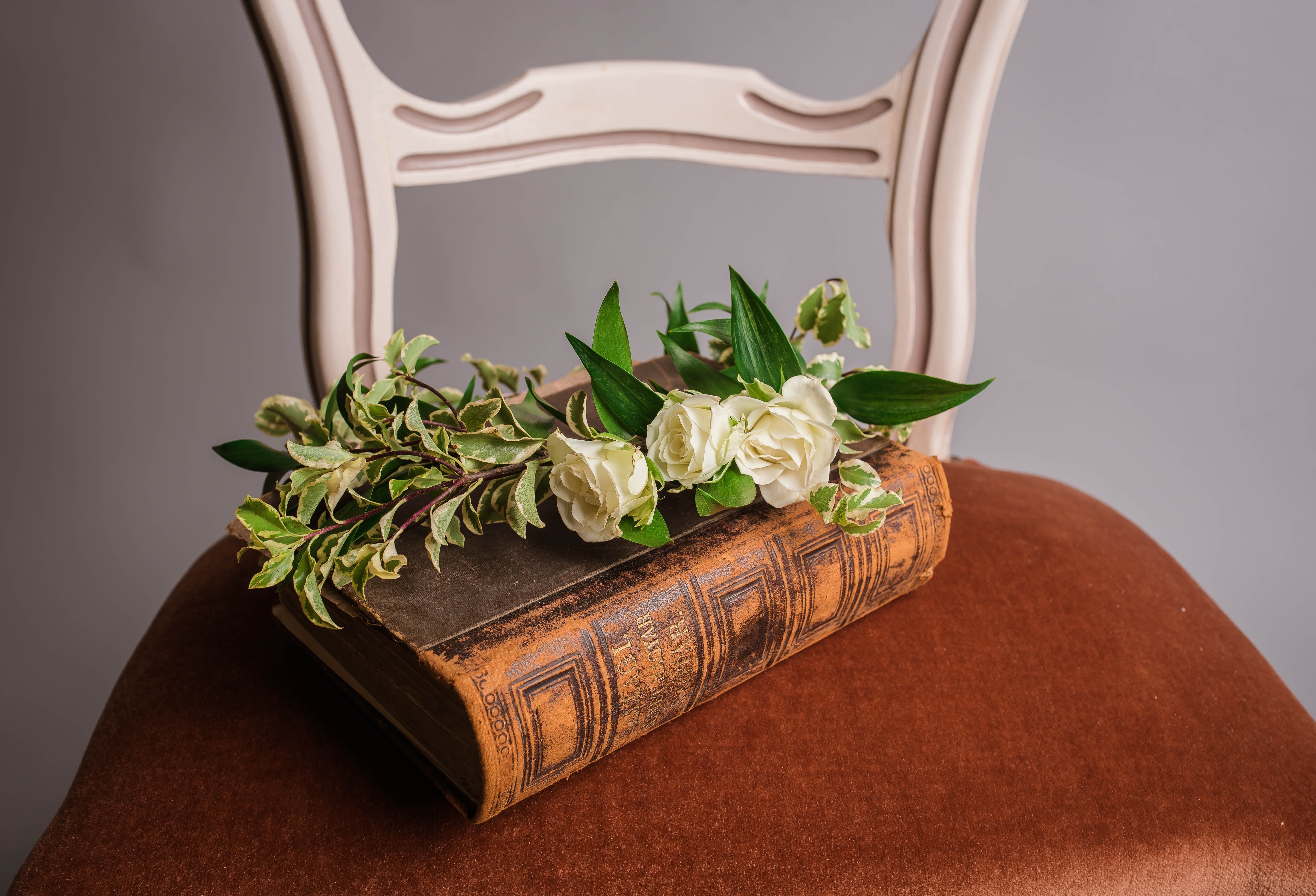 Vintage book with roses and greenery on a chair HD Wallpaper