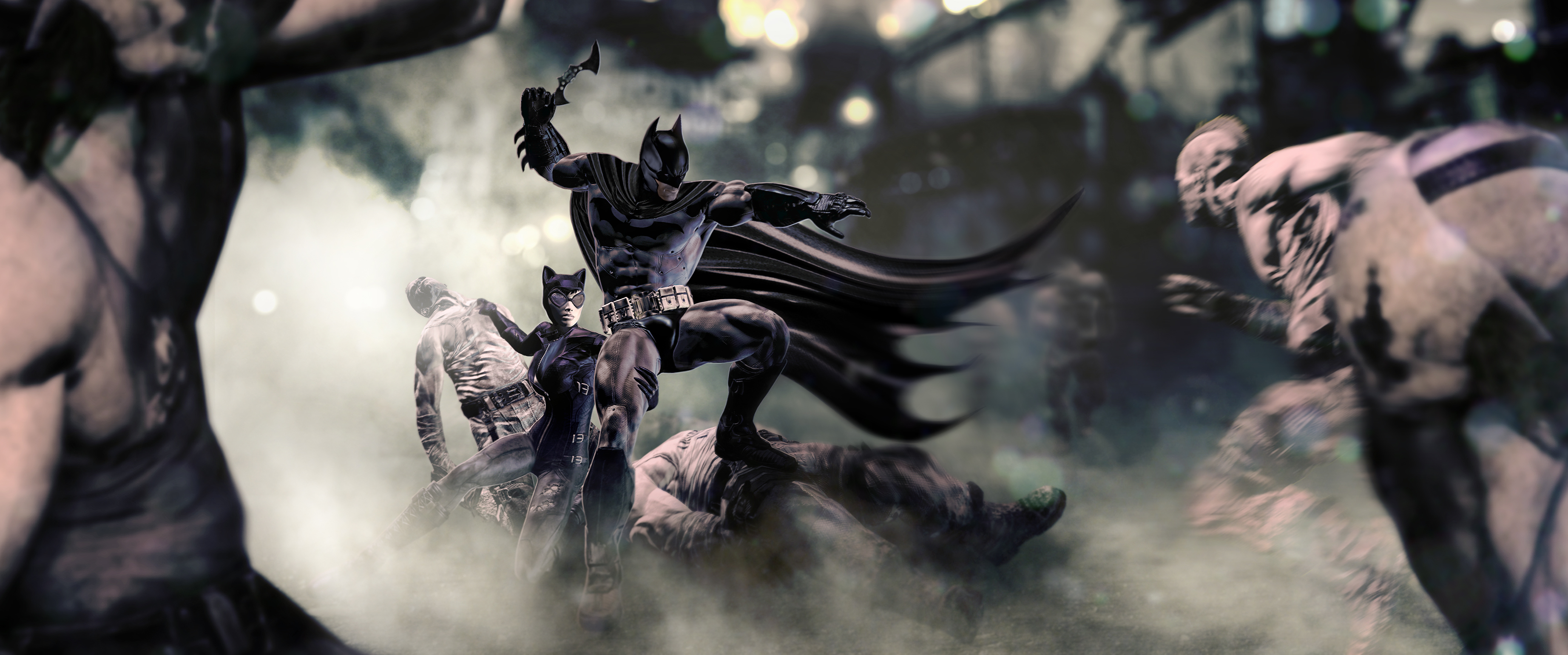 Batman and Catwoman fighting in a game HD Wallpaper