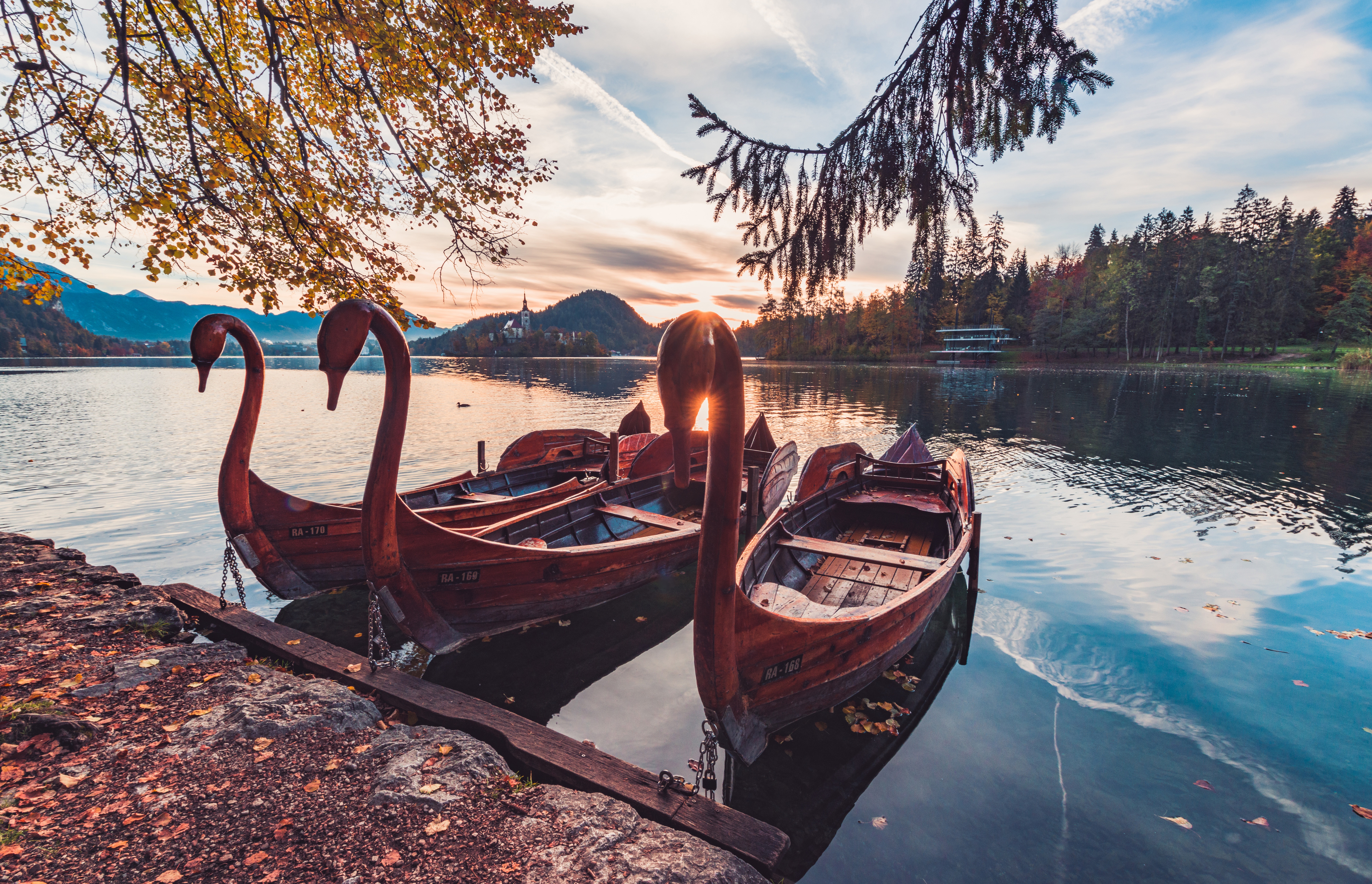 Swan boats on Lake Bled at sunrise HD Wallpaper