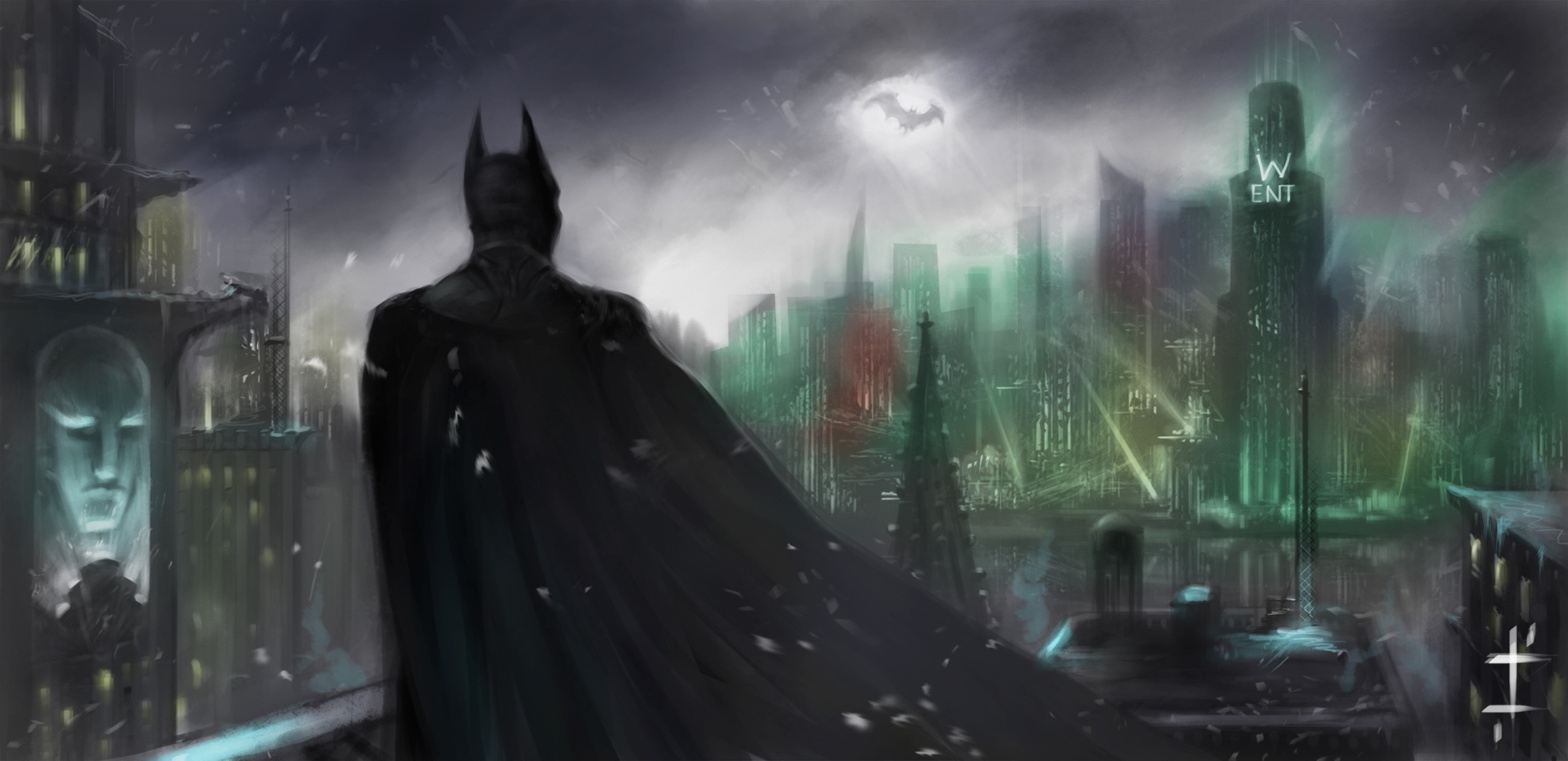 Batman overlooking a dark, rainy cityscape HD Wallpaper