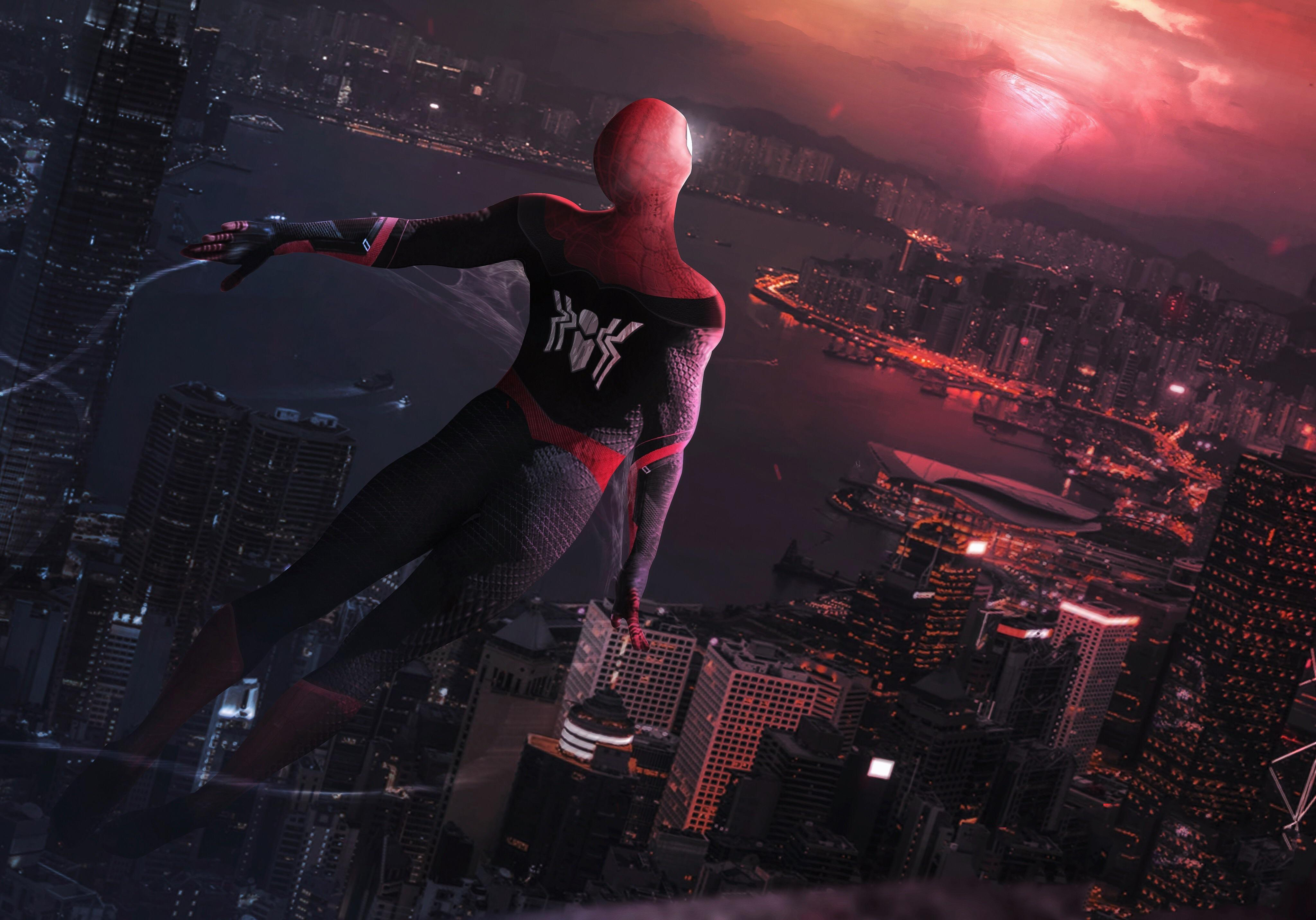 Spider-Man flying over a city at night HD Wallpaper