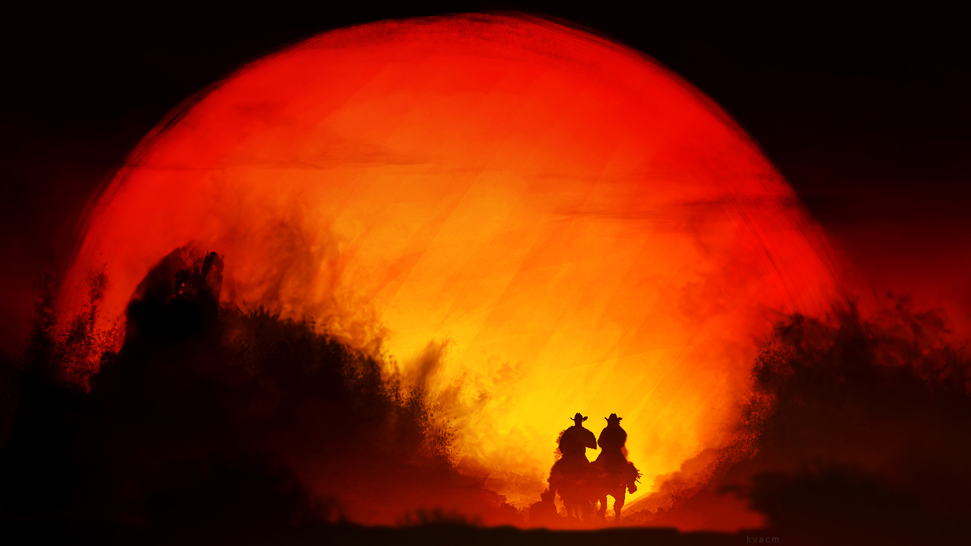 Two cowboys on horses in front of a large red sun HD Wallpaper