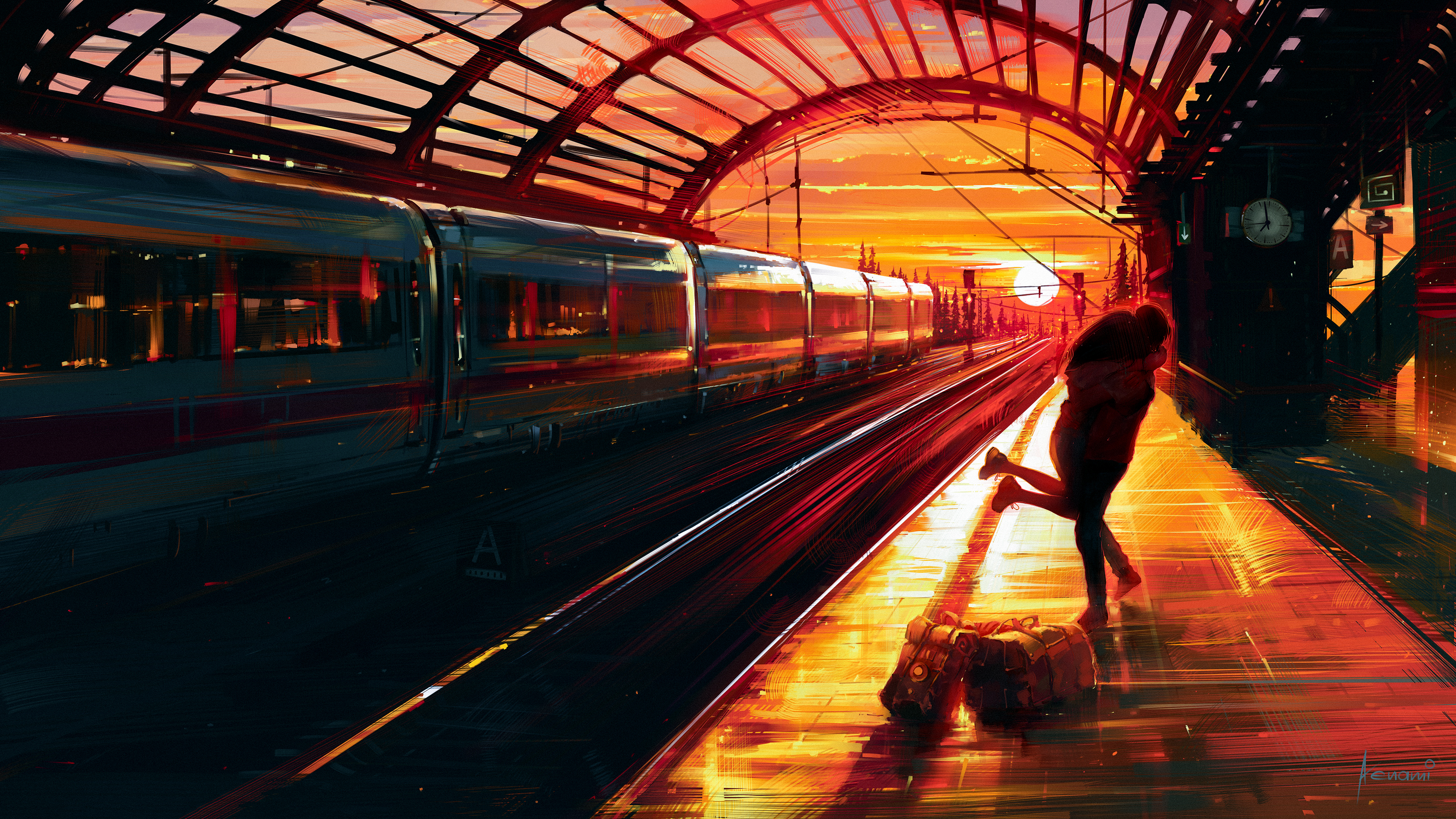 Couple embracing at train station during sunset HD Wallpaper