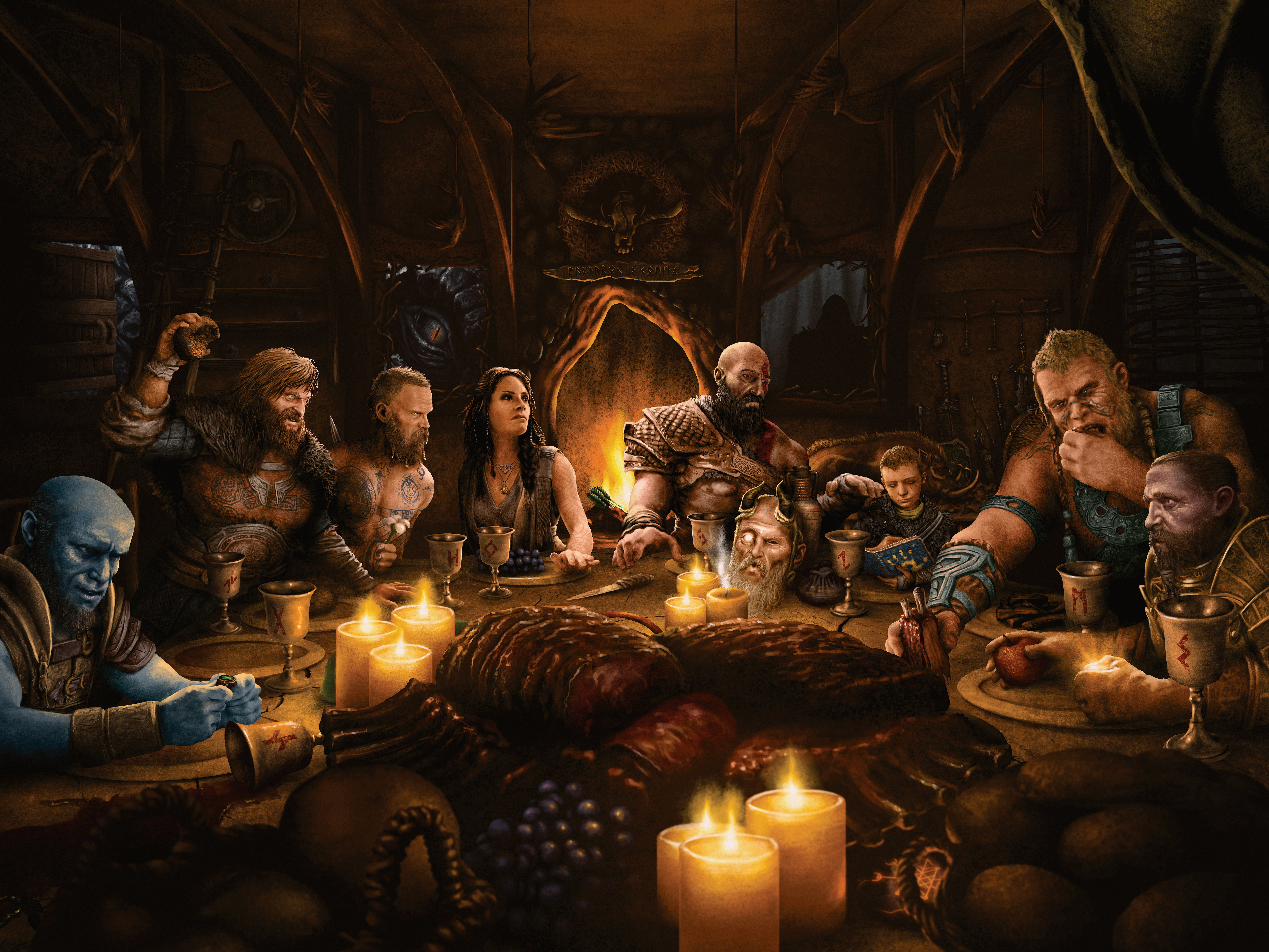 Kratos and others at a feast in God of War HD Wallpaper