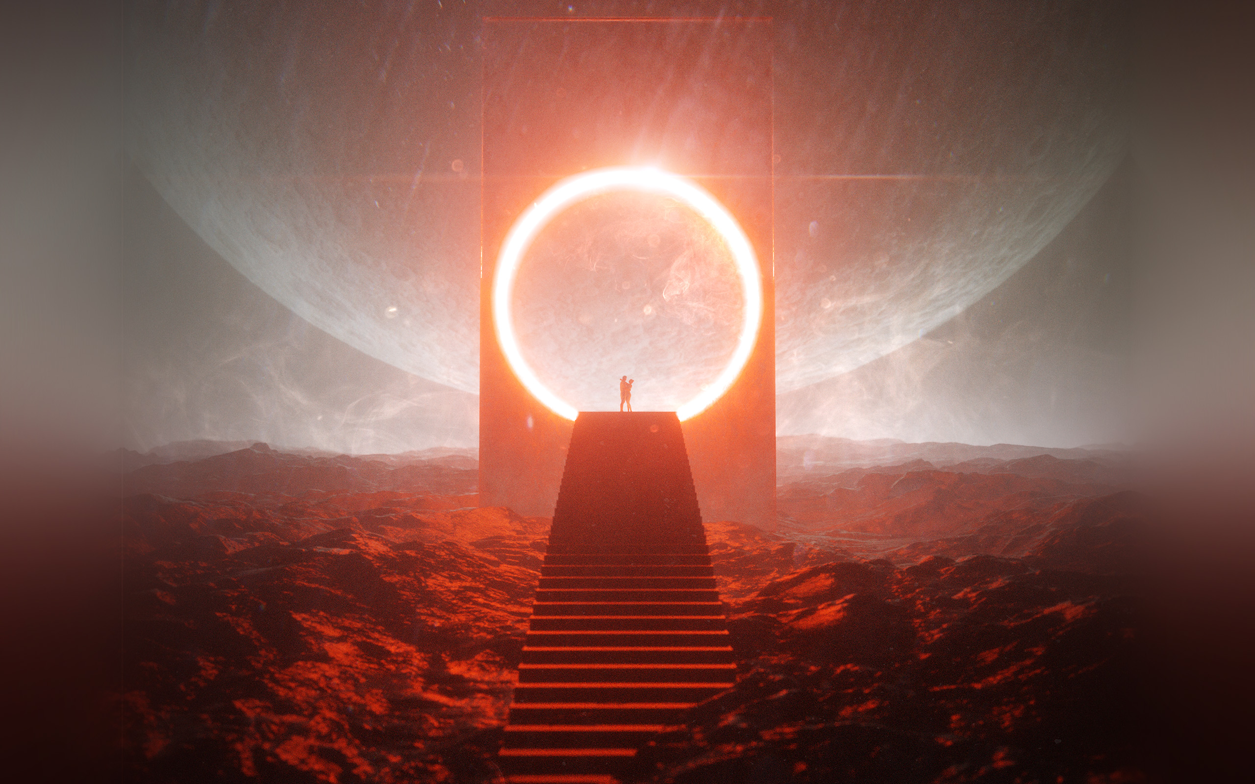 Man standing on stairs in front of glowing portal HD Wallpaper