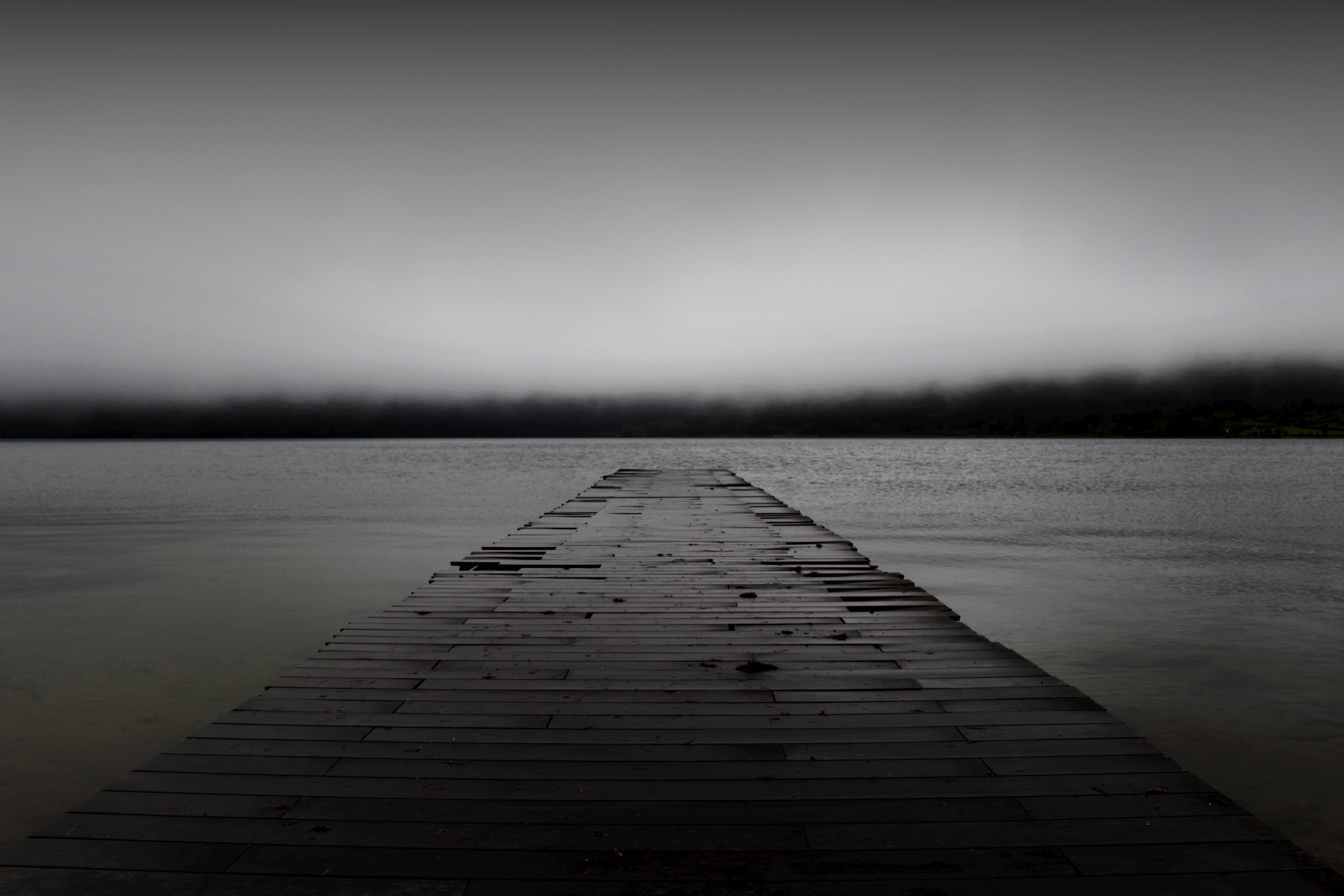 Wooden pier on a foggy lake at dusk HD Wallpaper