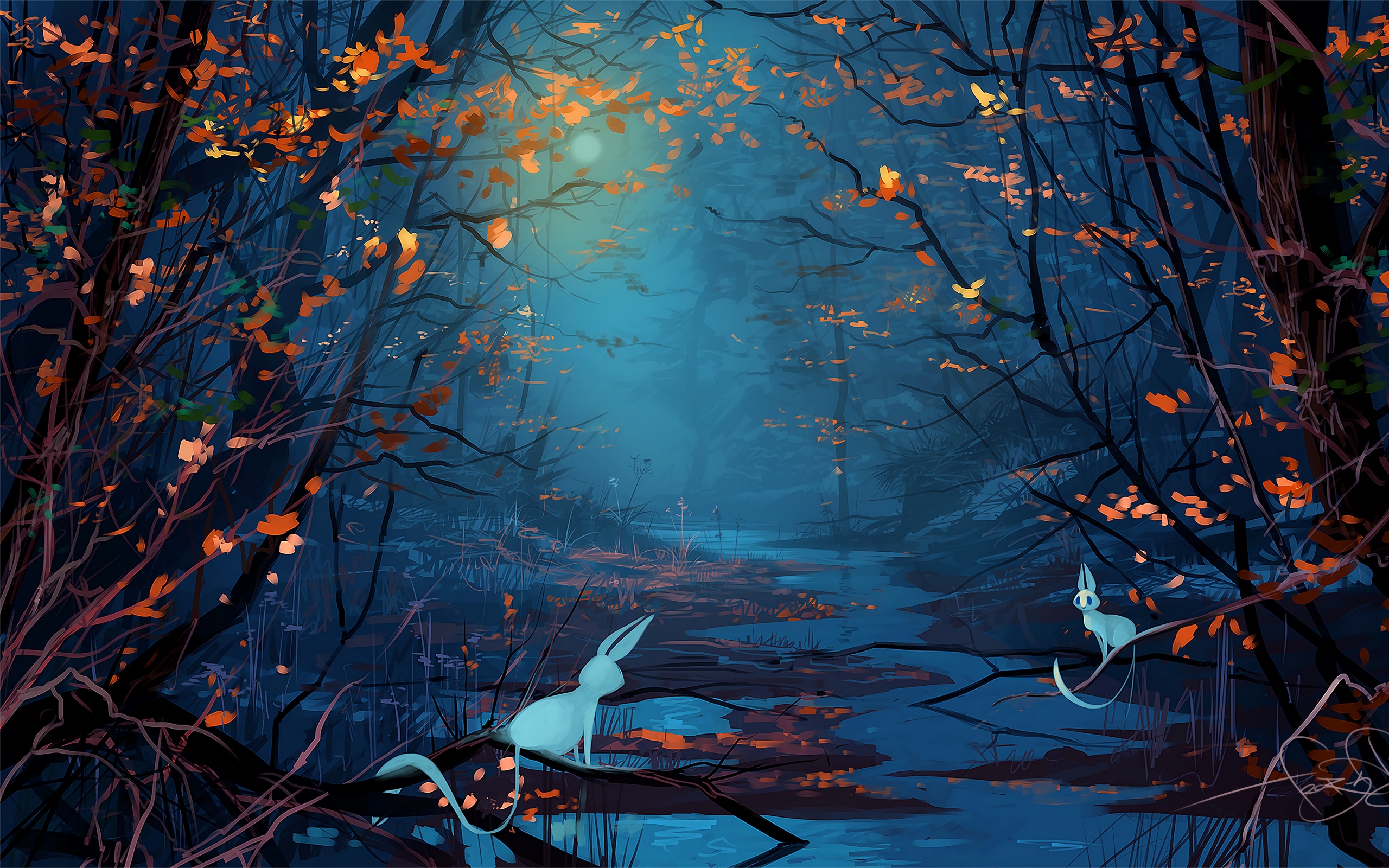 Fantasy forest with two creatures by a stream HD Wallpaper