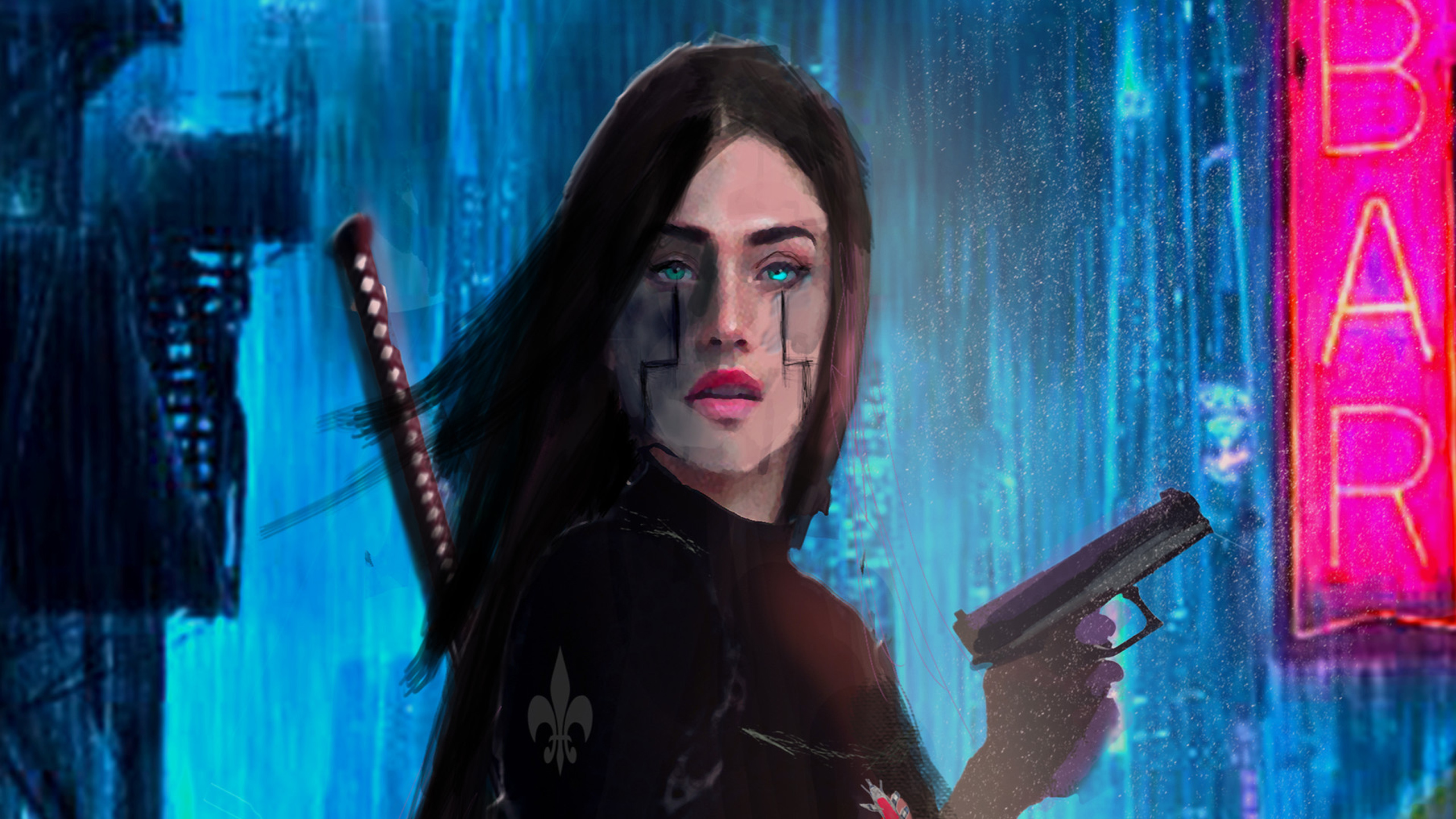 Cyberpunk warrior woman with sword and gun HD Wallpaper