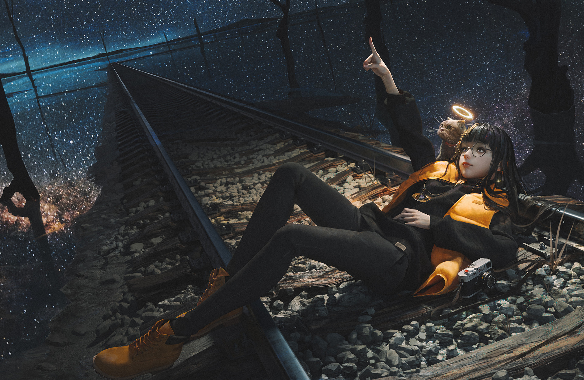Girl with cat on train tracks under starry sky HD Wallpaper