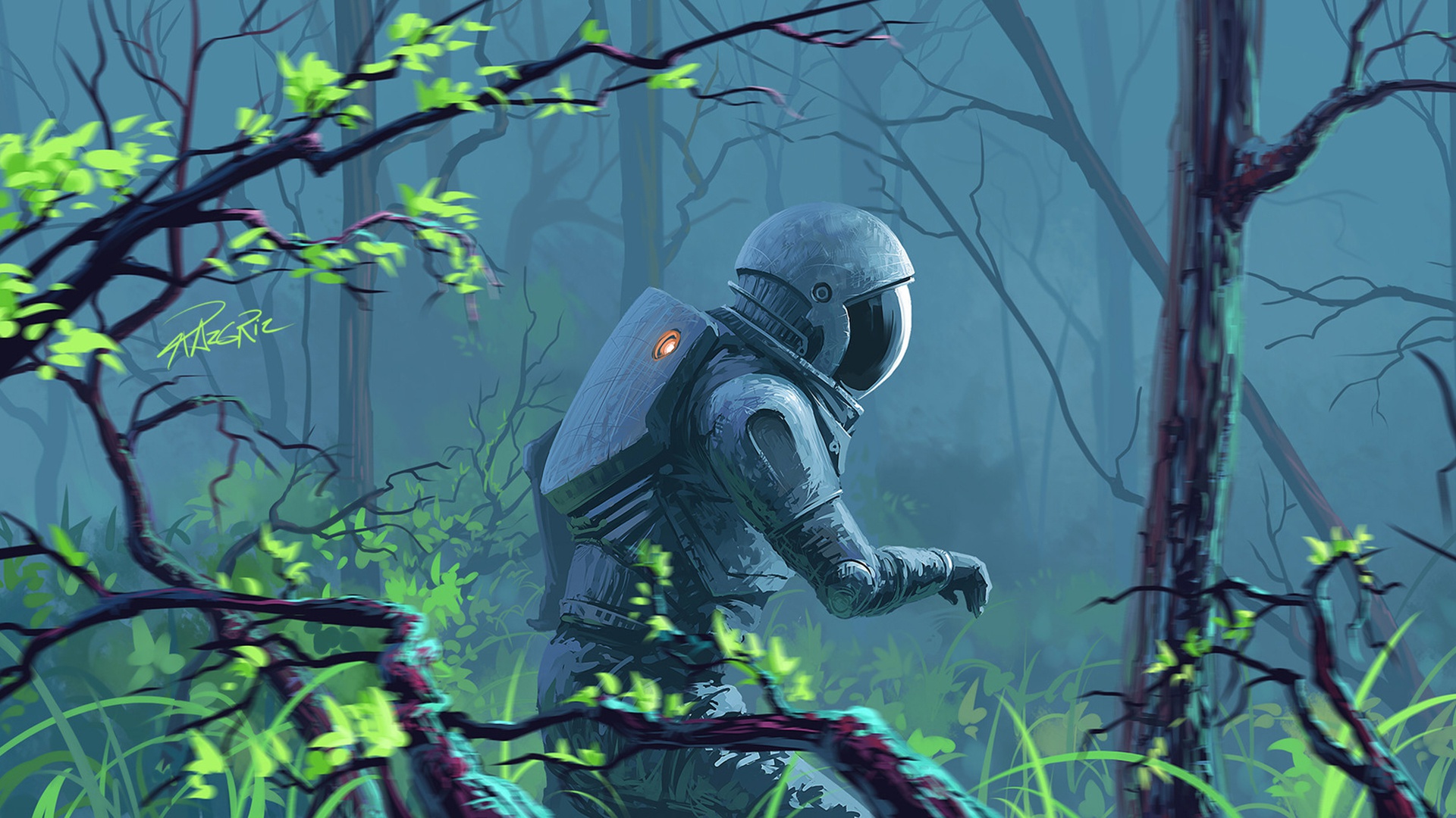 Astronaut in a misty forest with new leaves HD Wallpaper