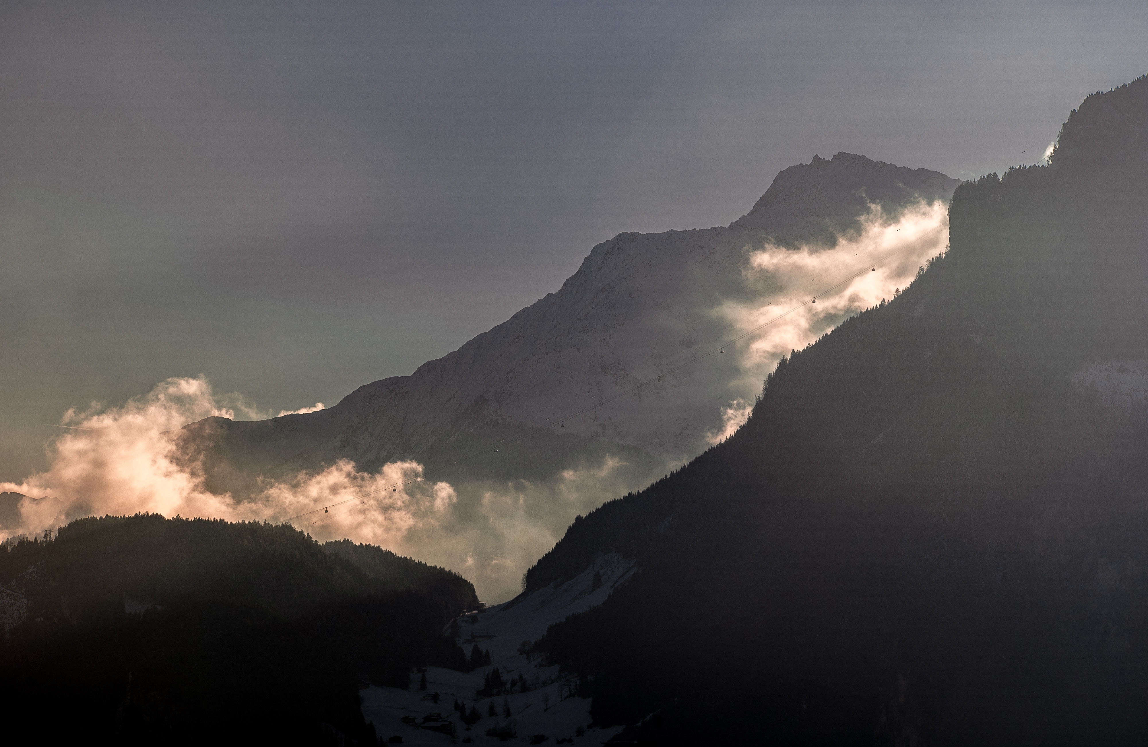 Misty mountains with clouds and trees HD Wallpaper