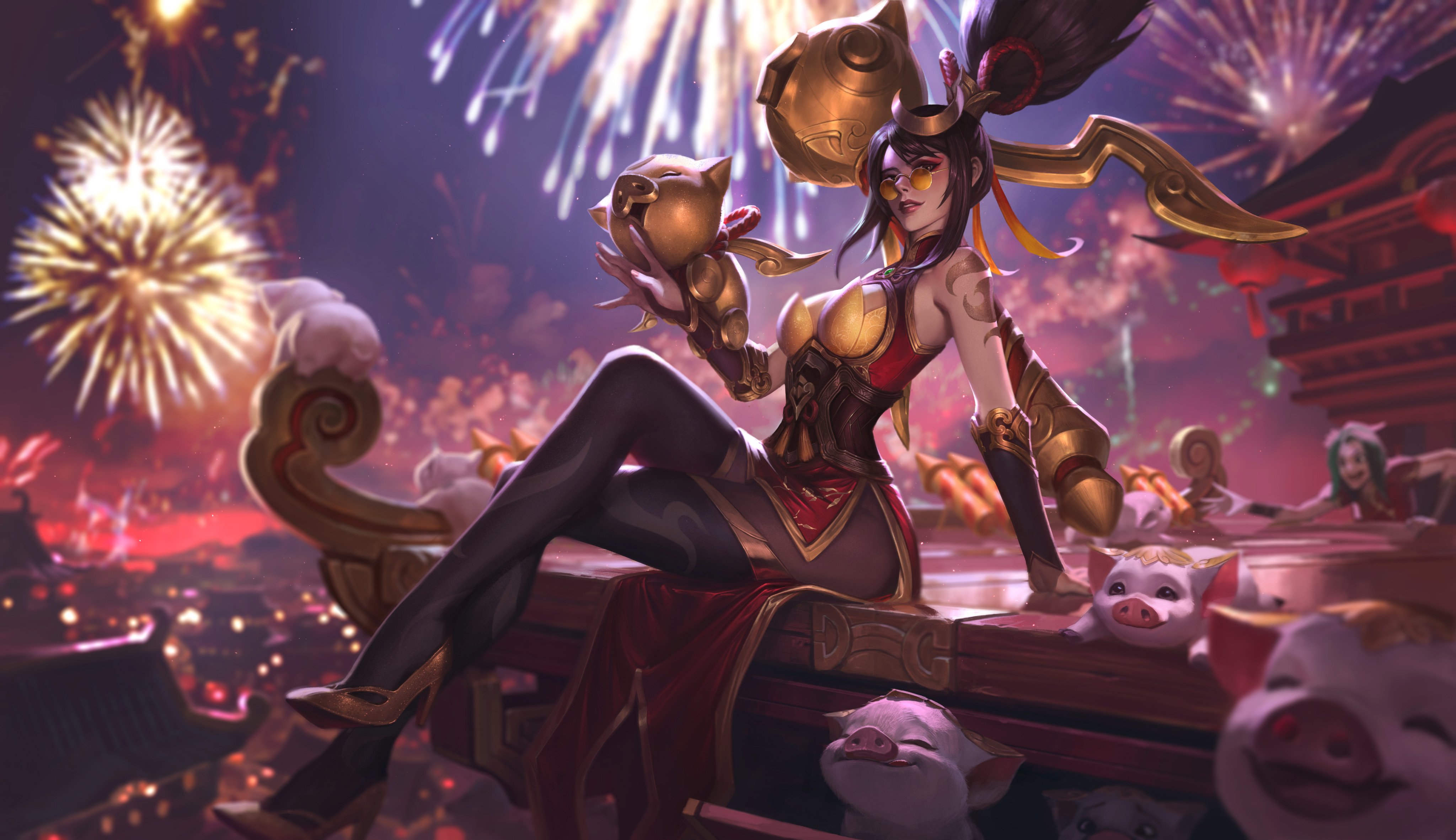 Vayne from League of Legends with pigs and fireworks HD Wallpaper