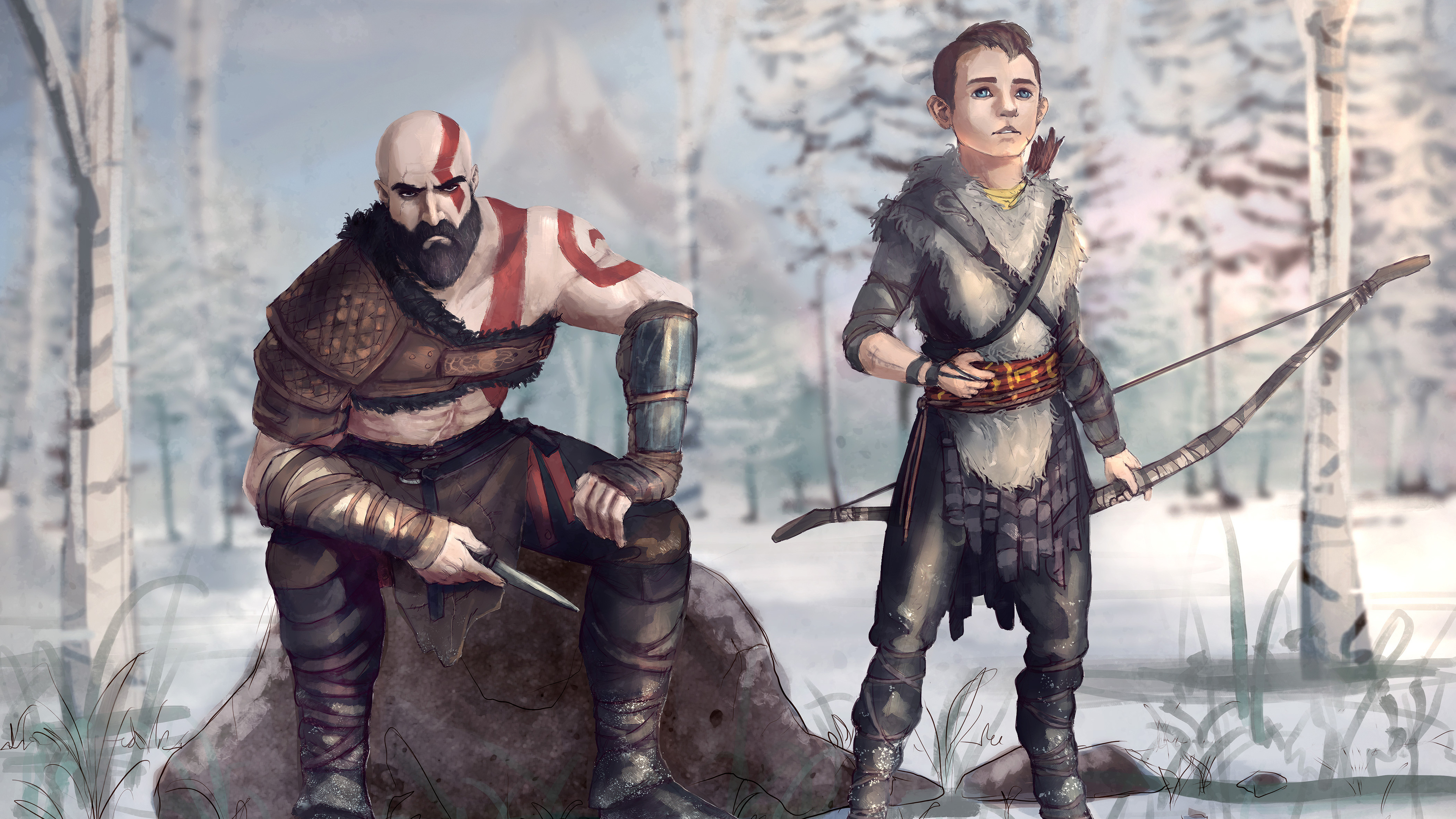 Kratos and Atreus from God of War in a snowy forest HD Wallpaper