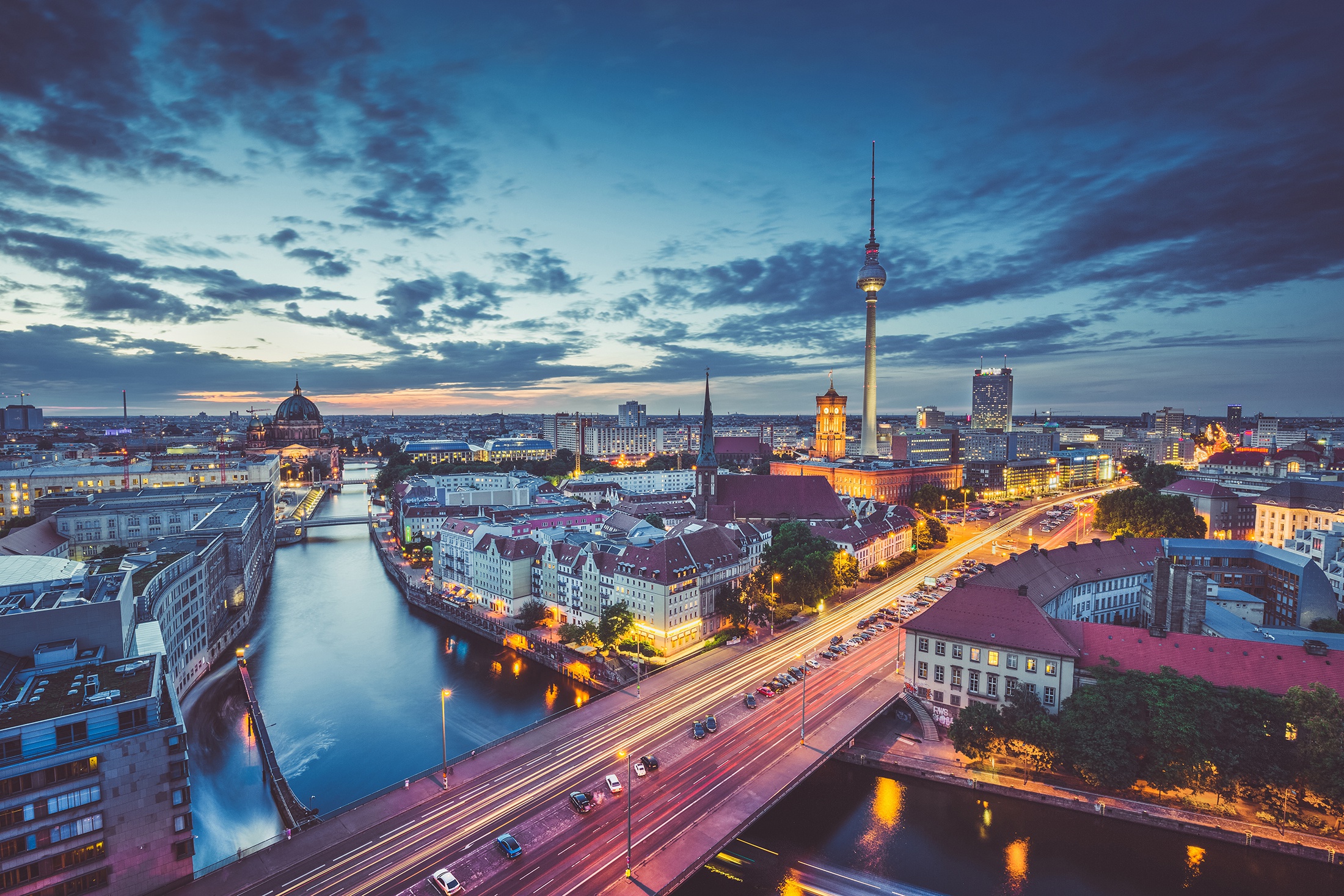Berlin cityscape with TV Tower and Spree River at dusk HD Wallpaper
