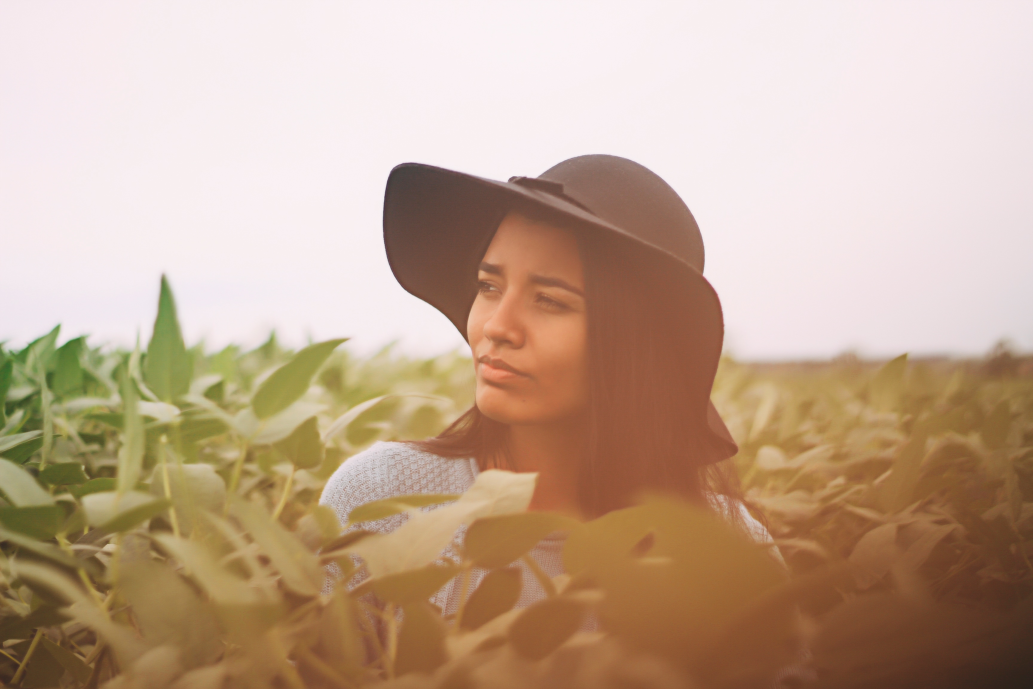 Woman in a hat in a field of crops HD Wallpaper