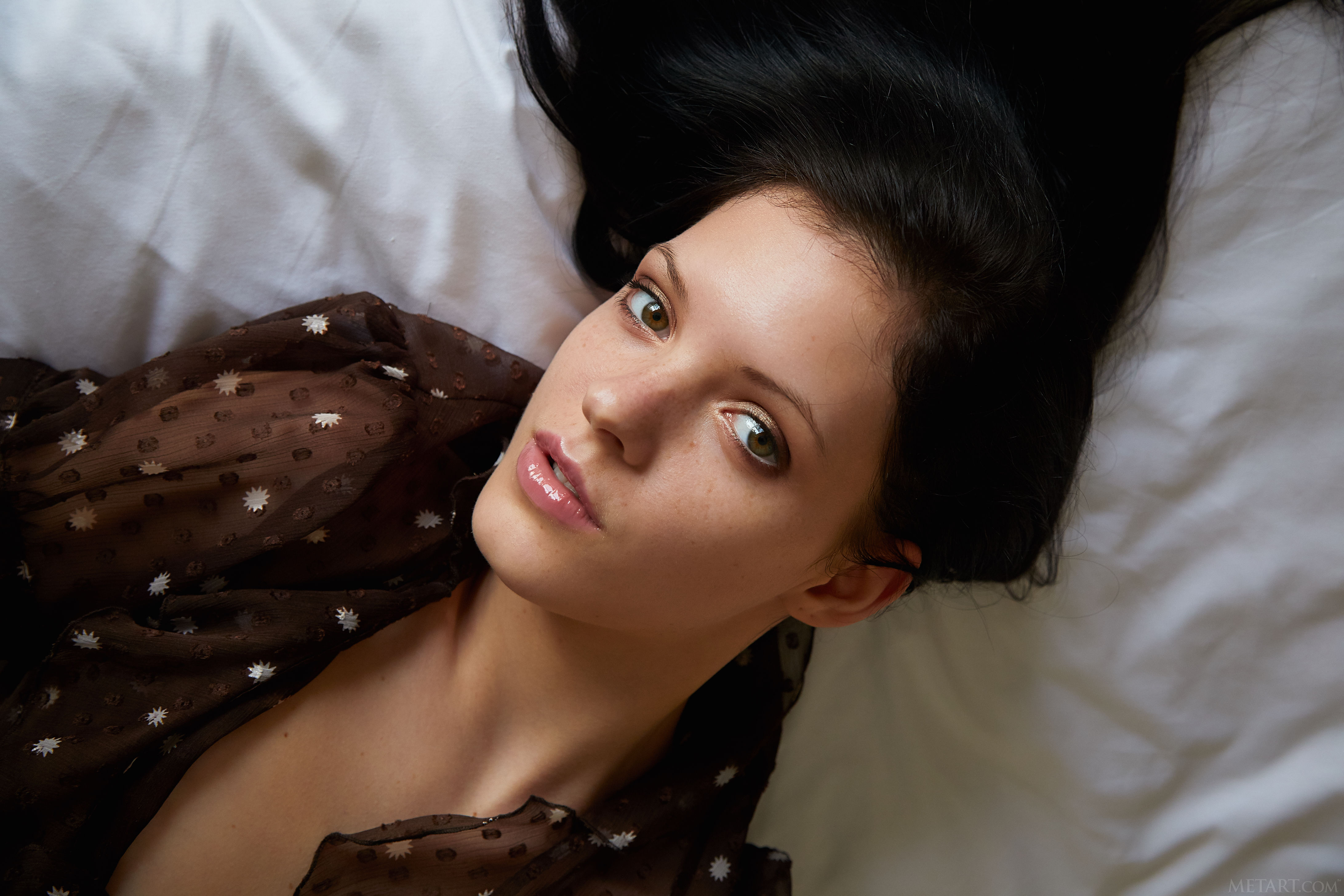 Woman with black hair wearing a sheer top HD Wallpaper