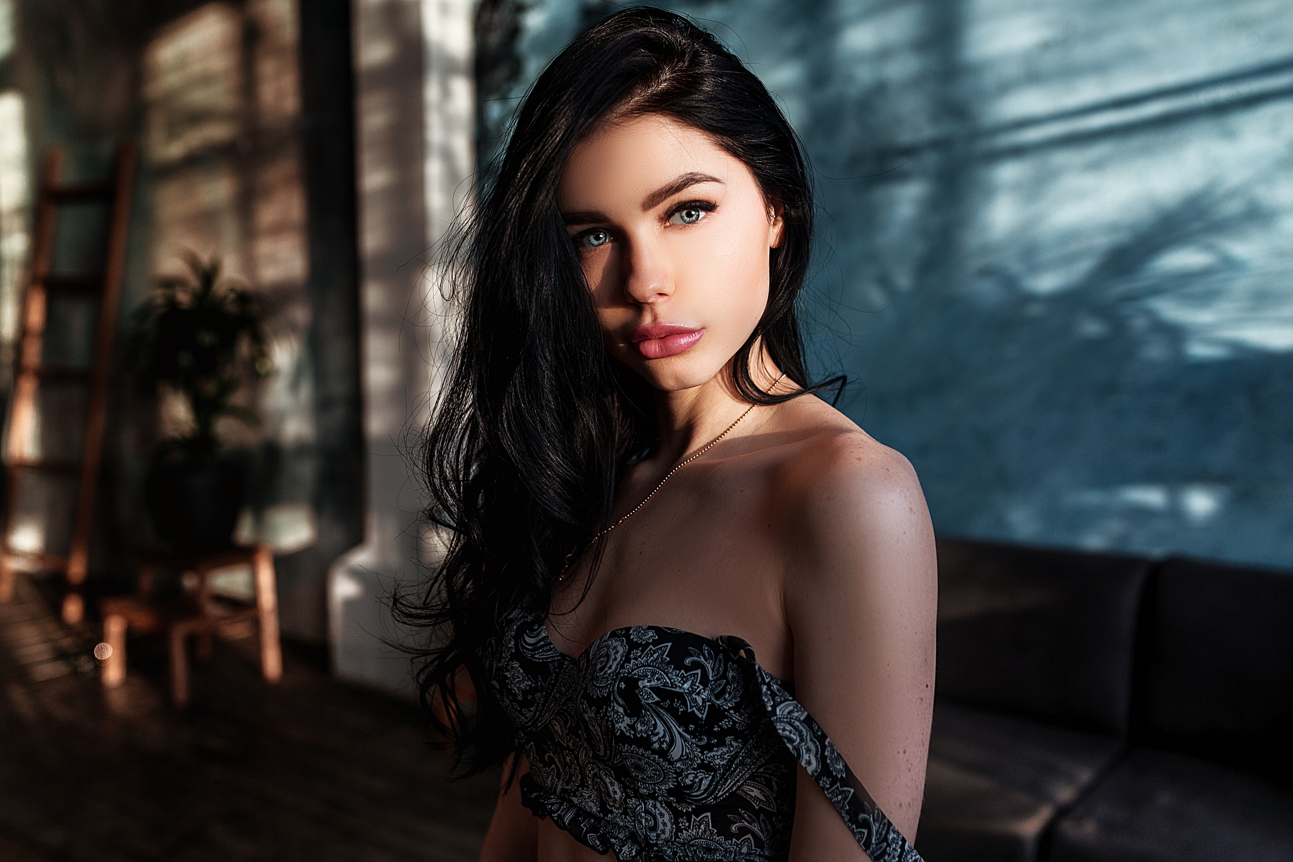 Woman with black hair and blue eyes HD Wallpaper