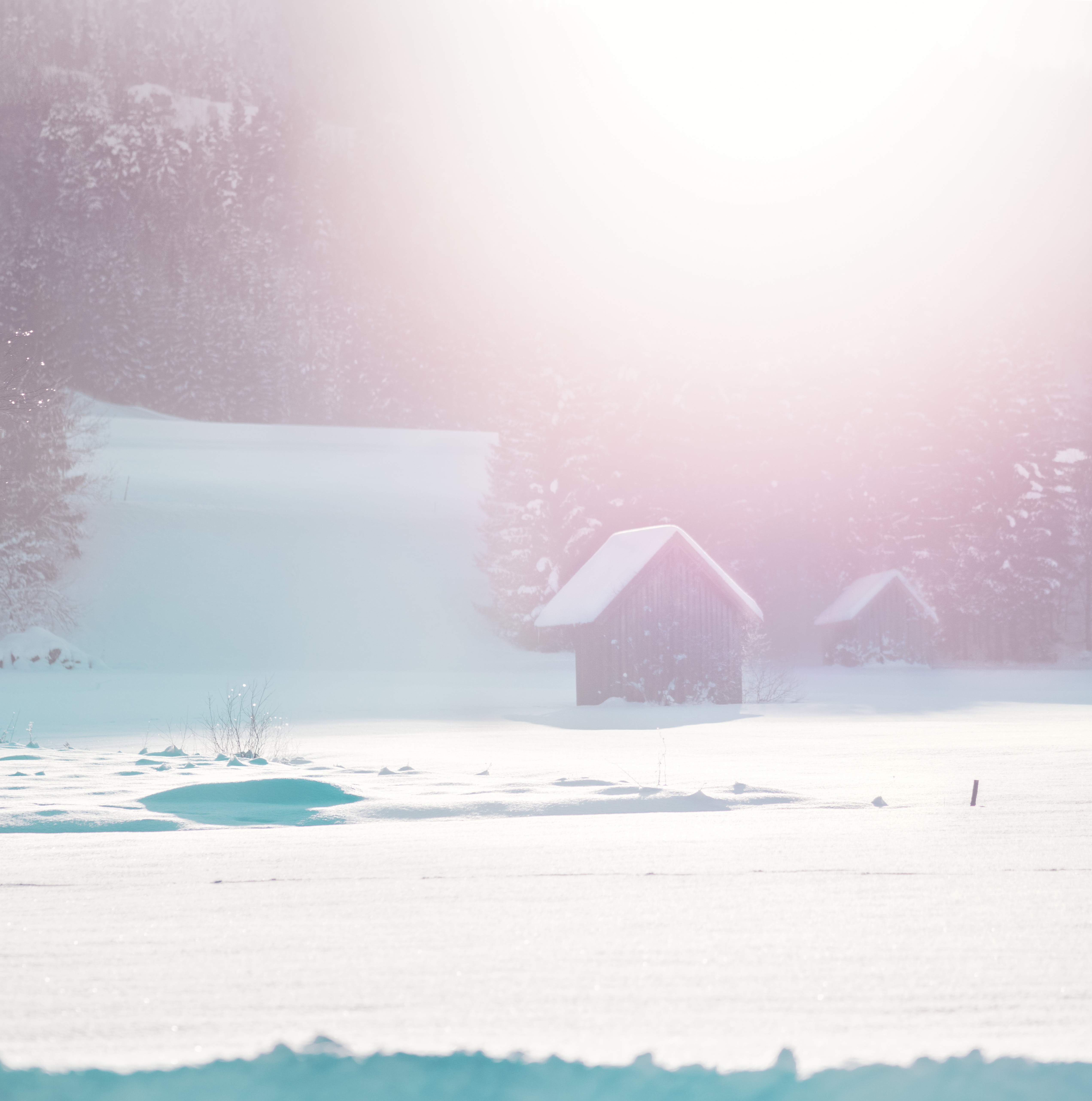 Winter scene with snow-covered huts and trees HD Wallpaper