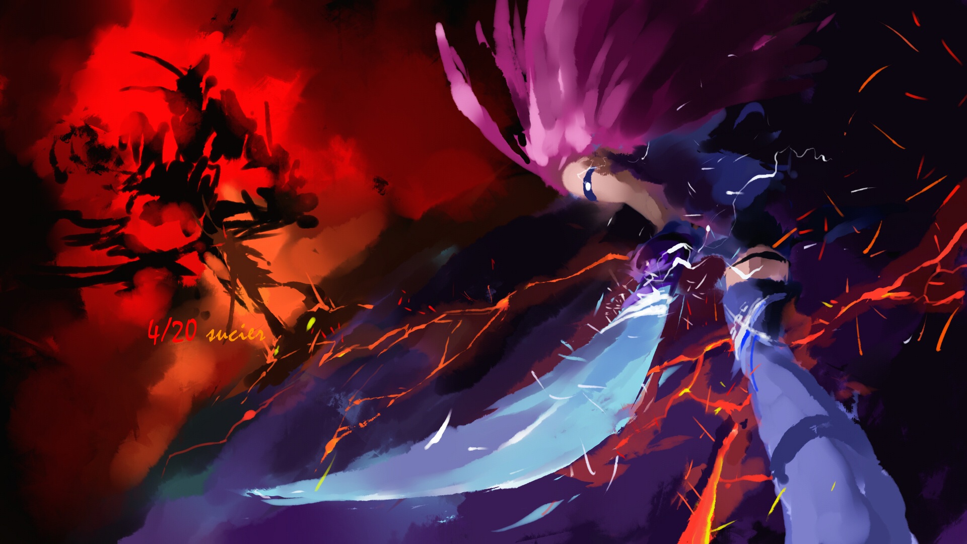 Character with sword in front of red and black background HD Wallpaper