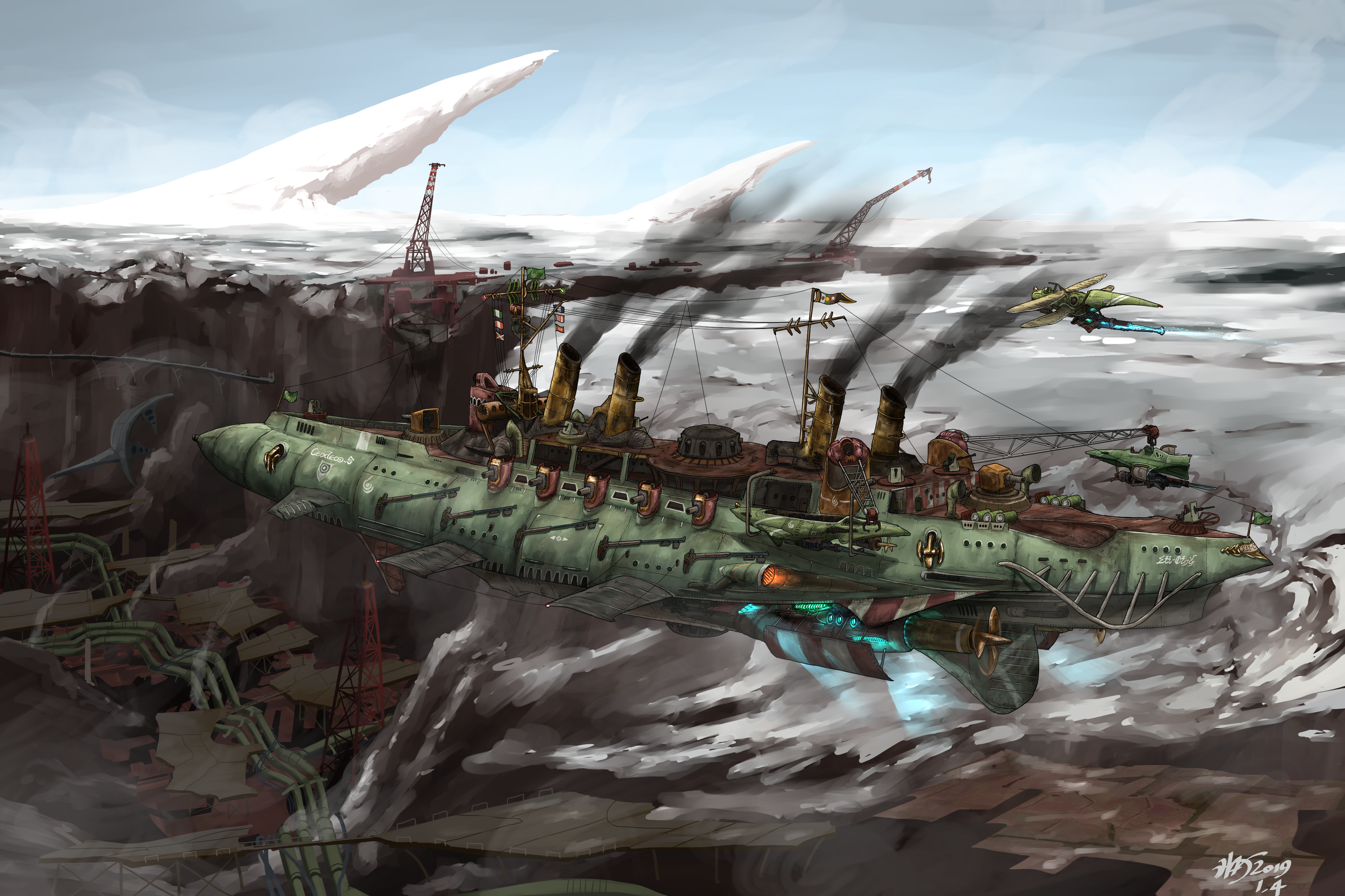 Steampunk airship over industrial landscape HD Wallpaper