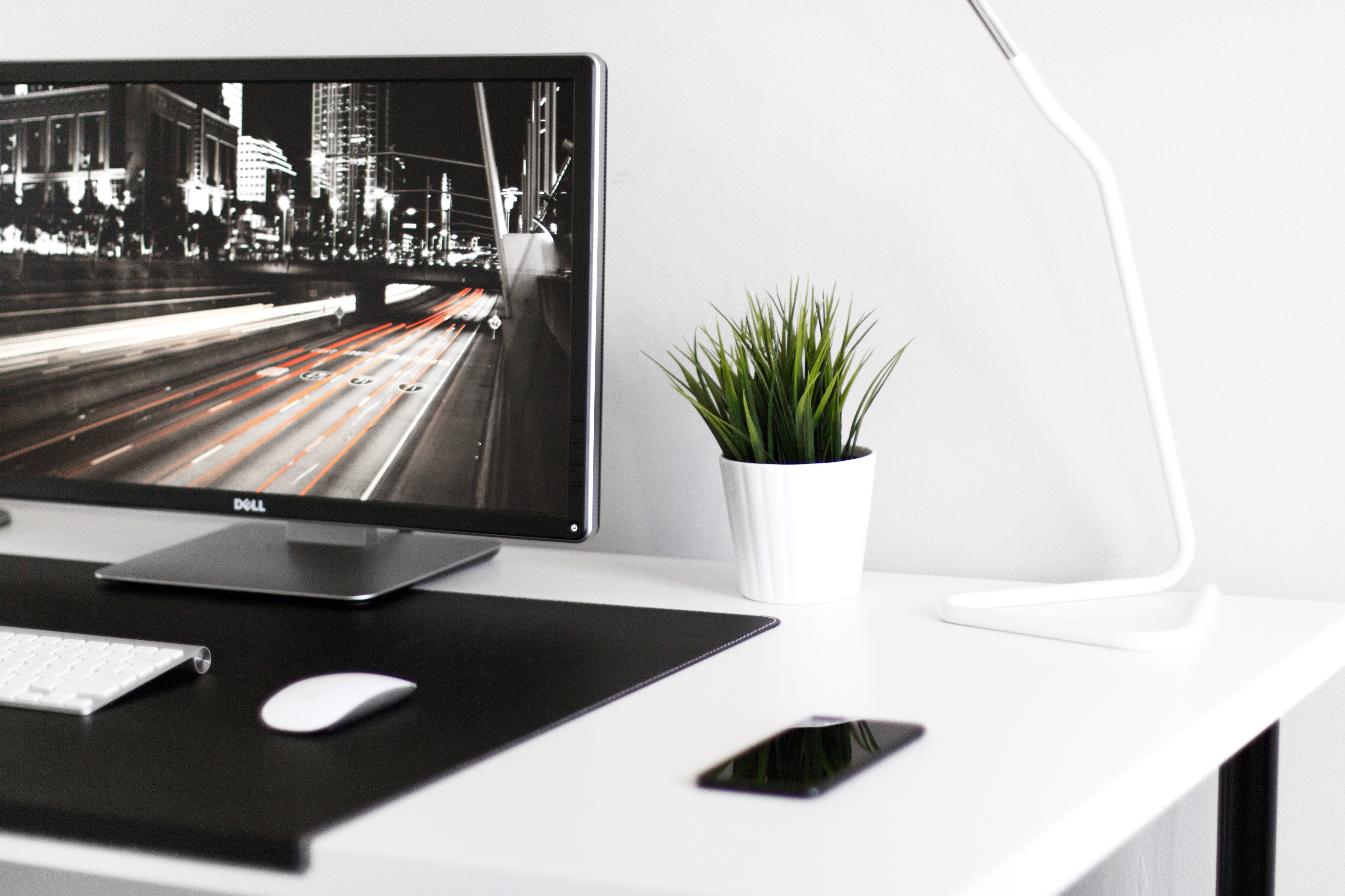Dell monitor, keyboard, mouse, plant, and lamp on a desk HD Wallpaper