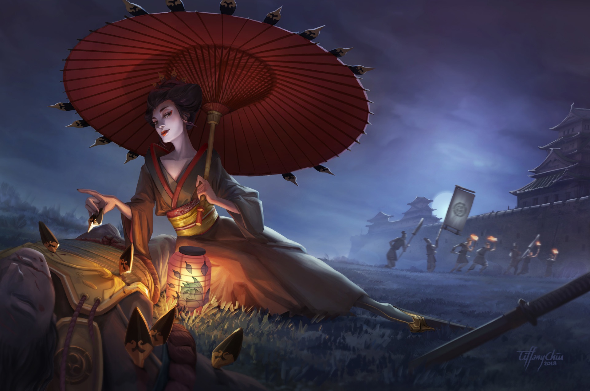 Geisha with umbrella and lantern near a castle HD Wallpaper