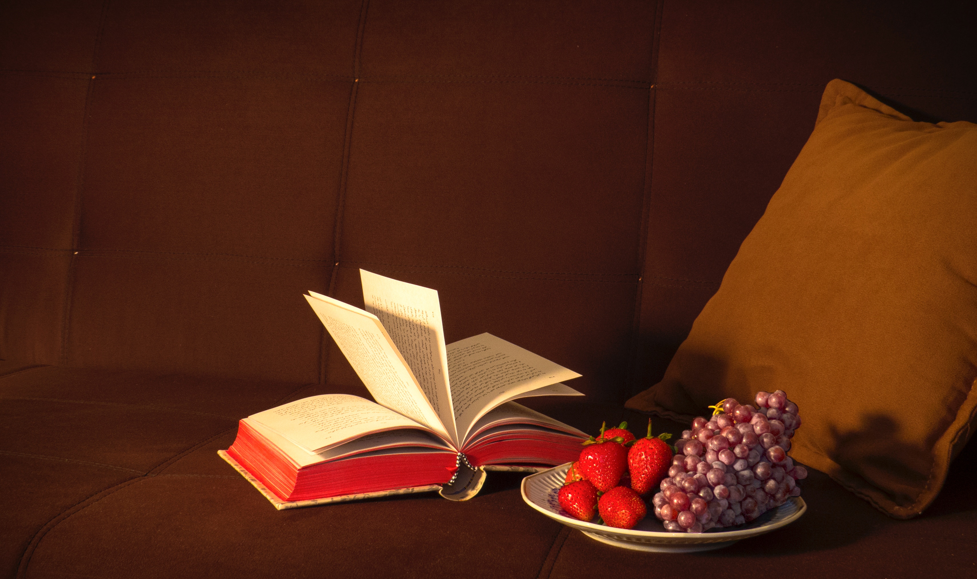 Open book with strawberries and grapes on a couch HD Wallpaper