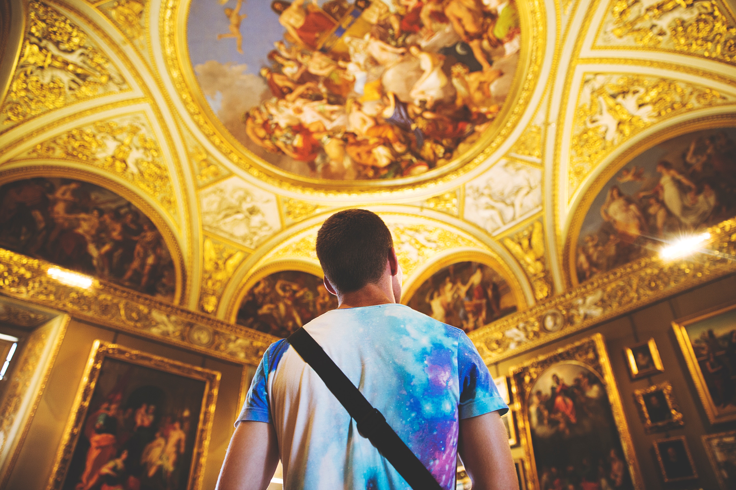 Man admires ornate ceiling and paintings in a museum HD Wallpaper
