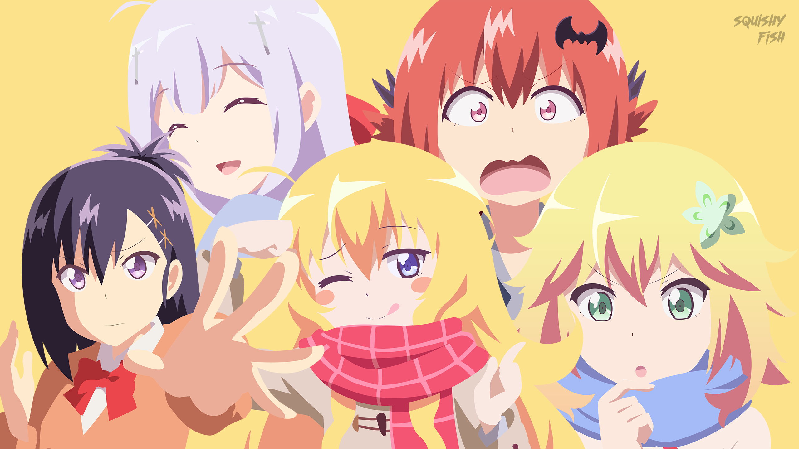 Gabriel Dropout characters: Vignette, Gabriel, Raphiel, Tapris, Satanichia HD Wallpaper