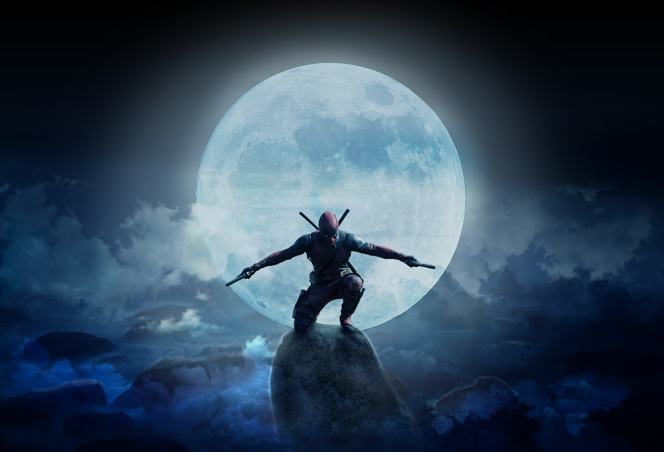 Deadpool on a rock with swords and guns HD Wallpaper