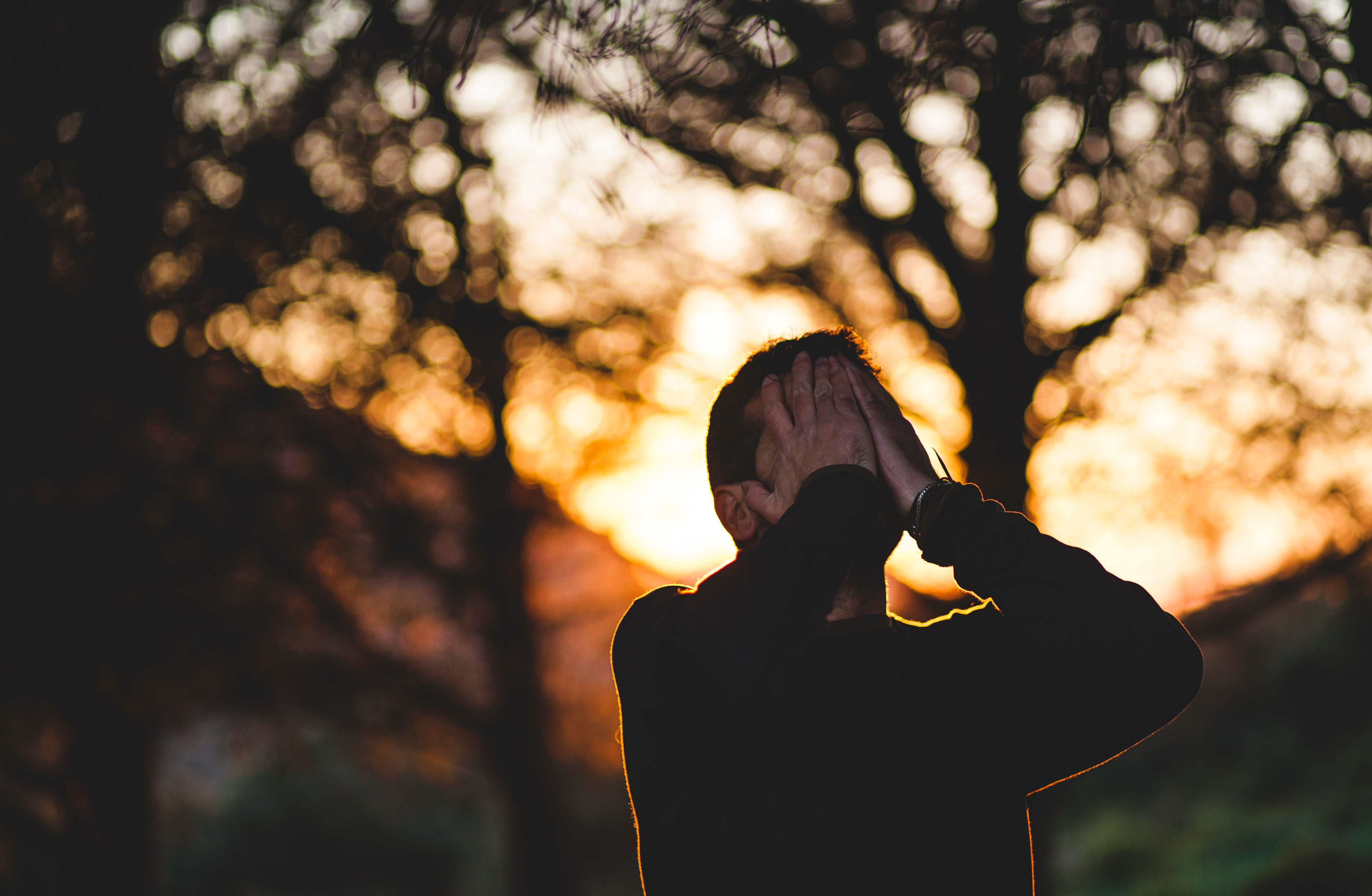 Man covering face at sunset with trees HD Wallpaper