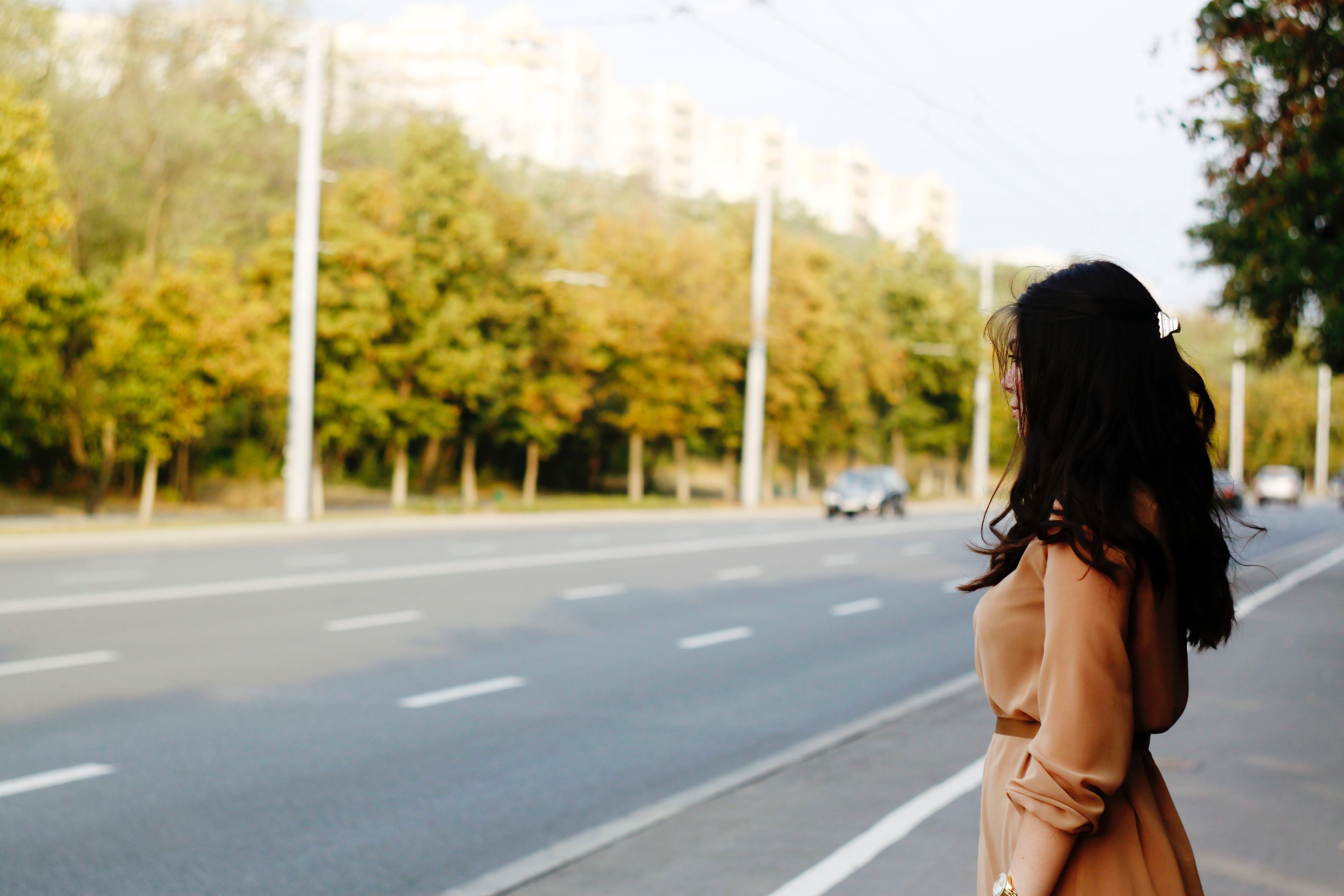 Woman in brown dress waiting by the road HD Wallpaper