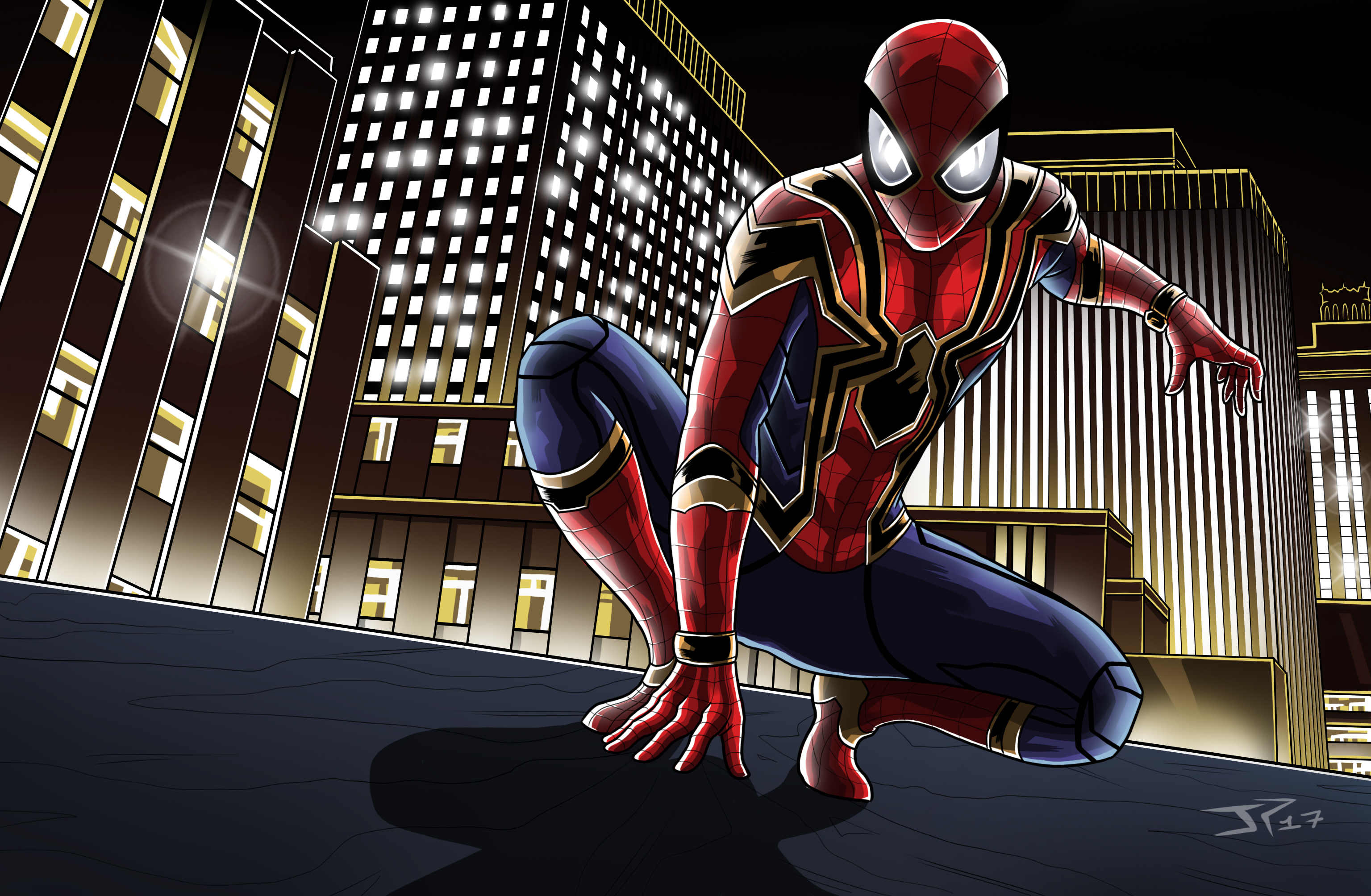 Iron Spider Posing on Rooftop at Night HD Wallpaper