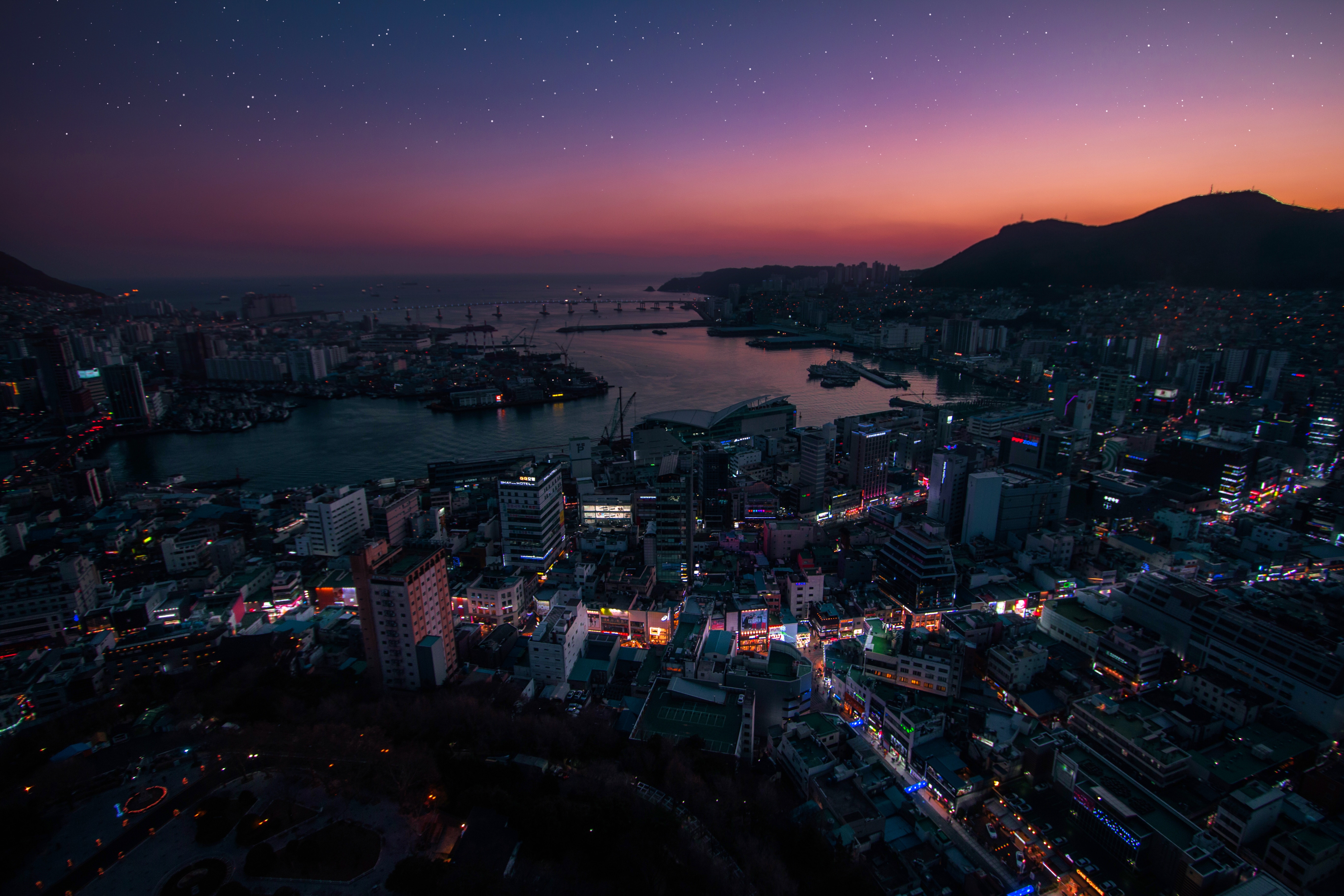 Busan Cityscape at Dusk with Stars HD Wallpaper