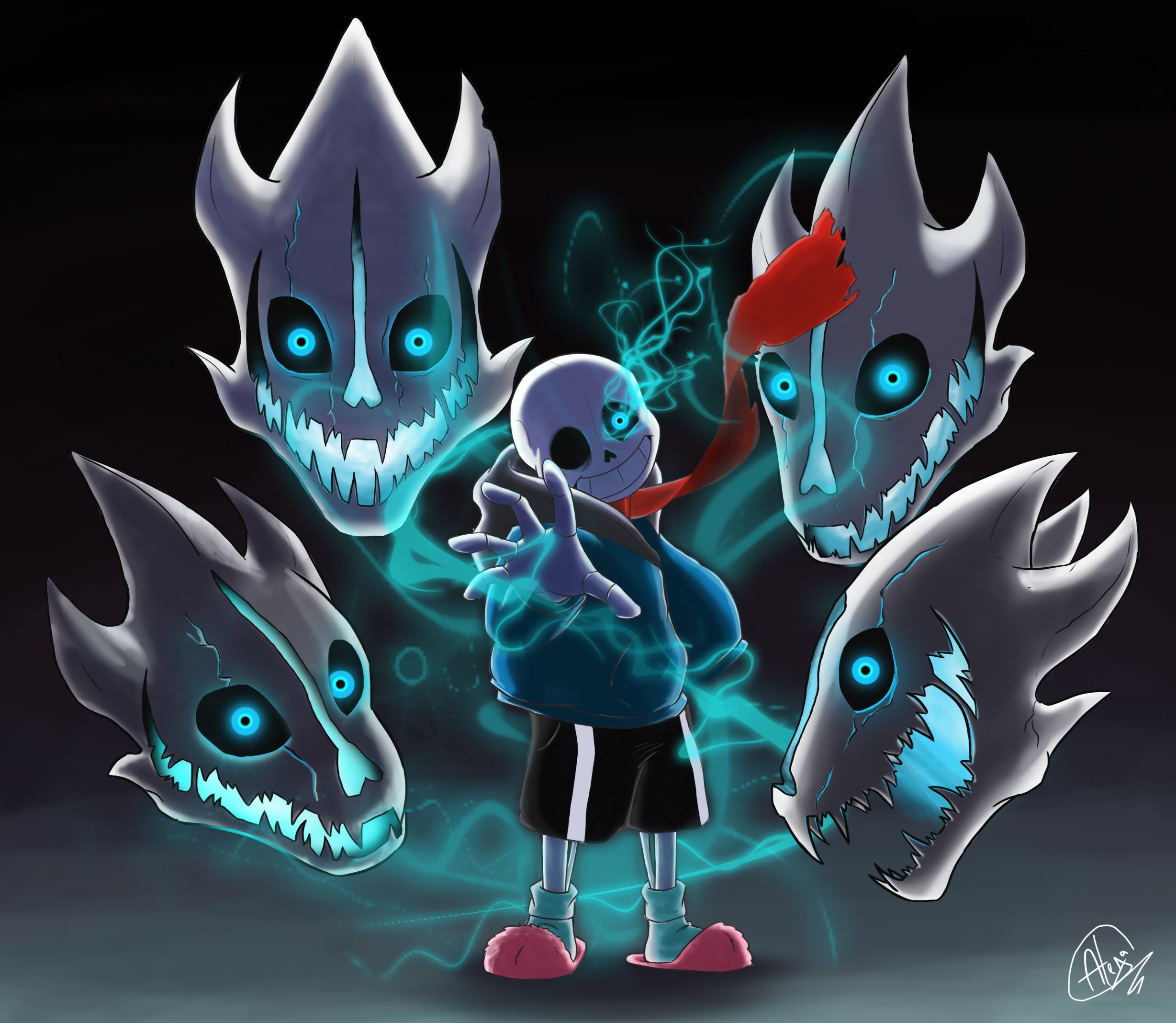 Undertale Sans with Glowing Blue Skull Spirits HD Wallpaper