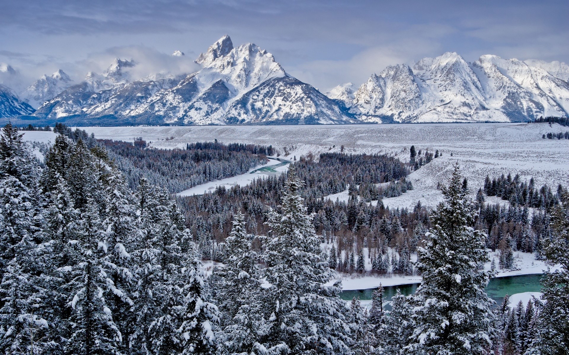 Snow-covered mountains and forest with a river HD Wallpaper