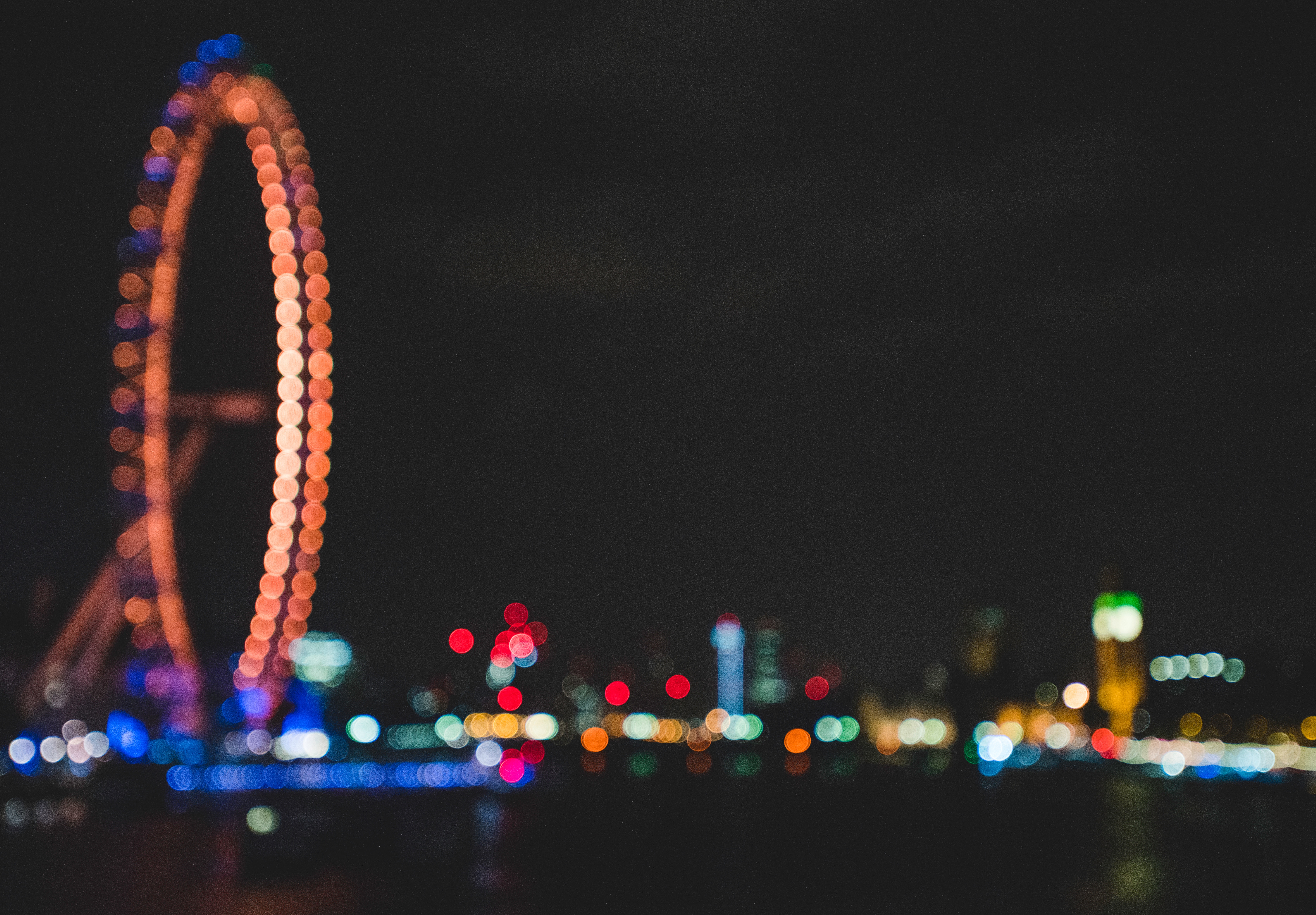 Bokeh lights of the London Eye and cityscape at night HD Wallpaper